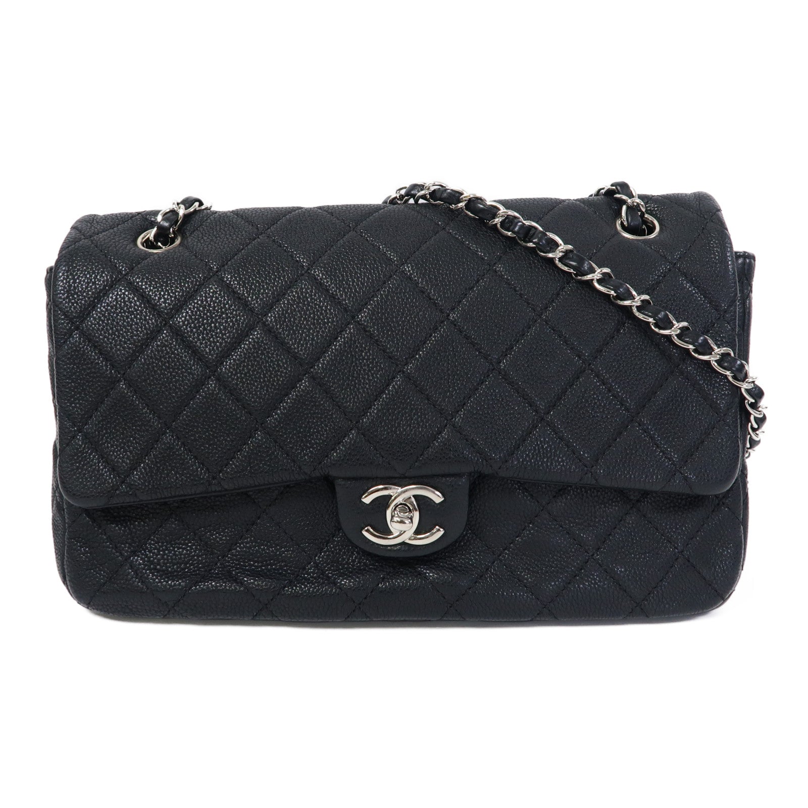 CHANEL 菱格Caviar皮革Chain Shoulder銀扣鏈帶肩背袋黑色