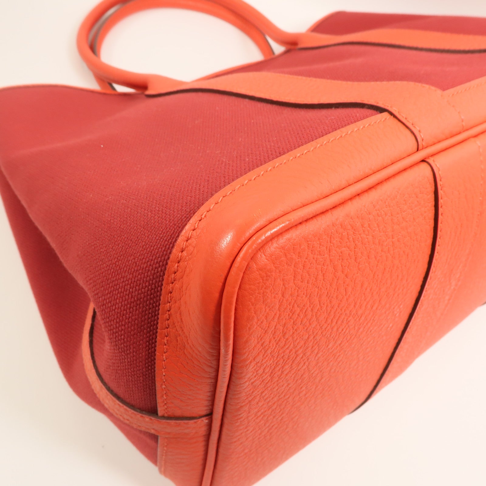 HERMES 【激減優惠】帆布GardenParty PM銀扣手挽袋Rouge Tomate/Capucin