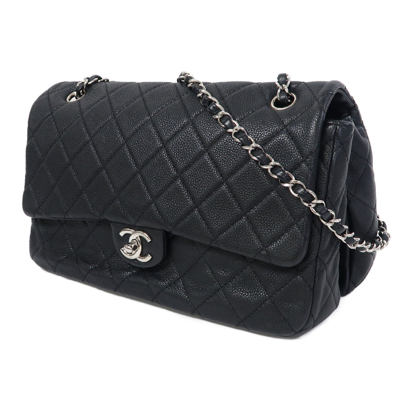 CHANEL 菱格Caviar皮革Chain Shoulder銀扣鏈帶肩背袋黑色