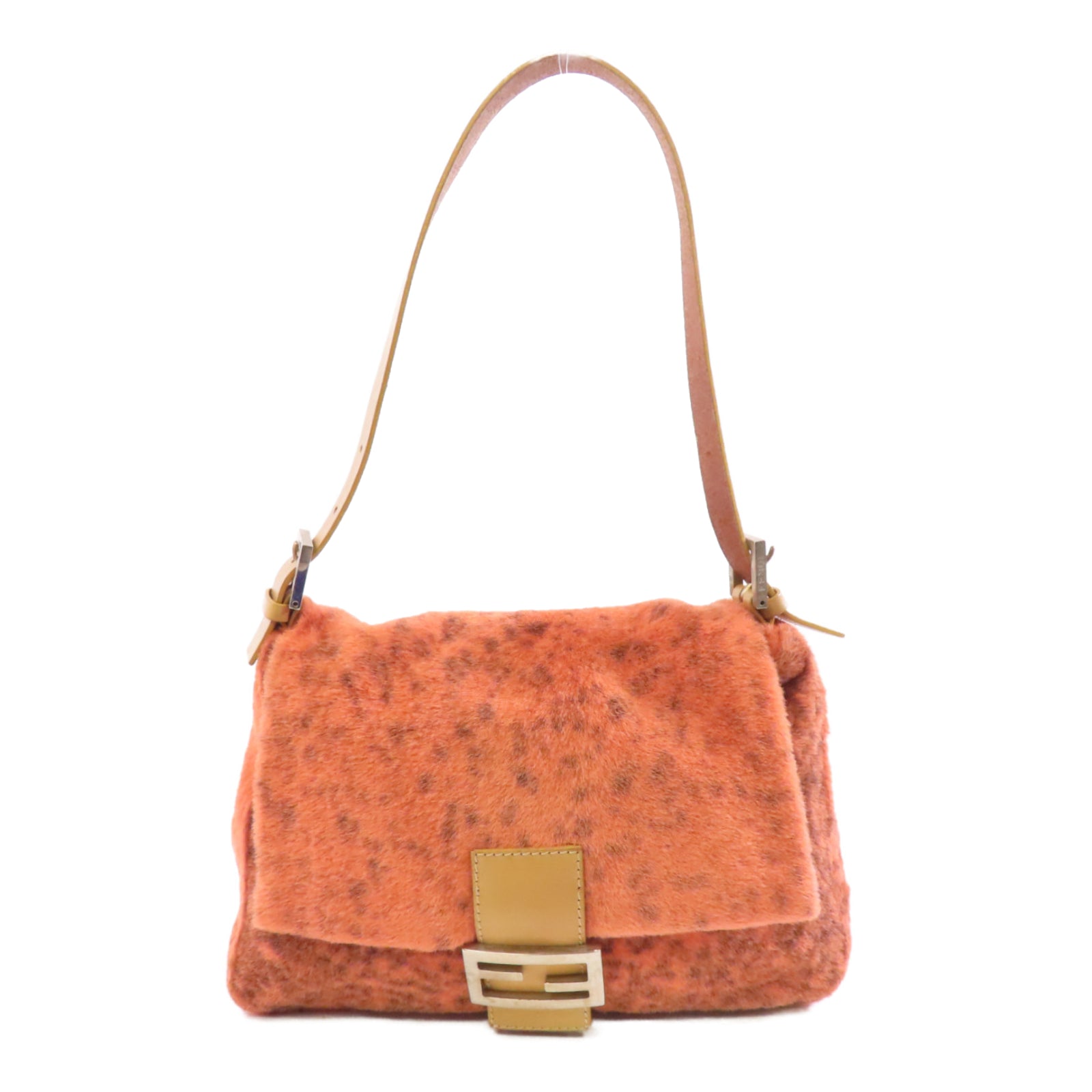 FENDI 斑點毛皮Shoulder Bag銀扣肩背袋橙色
