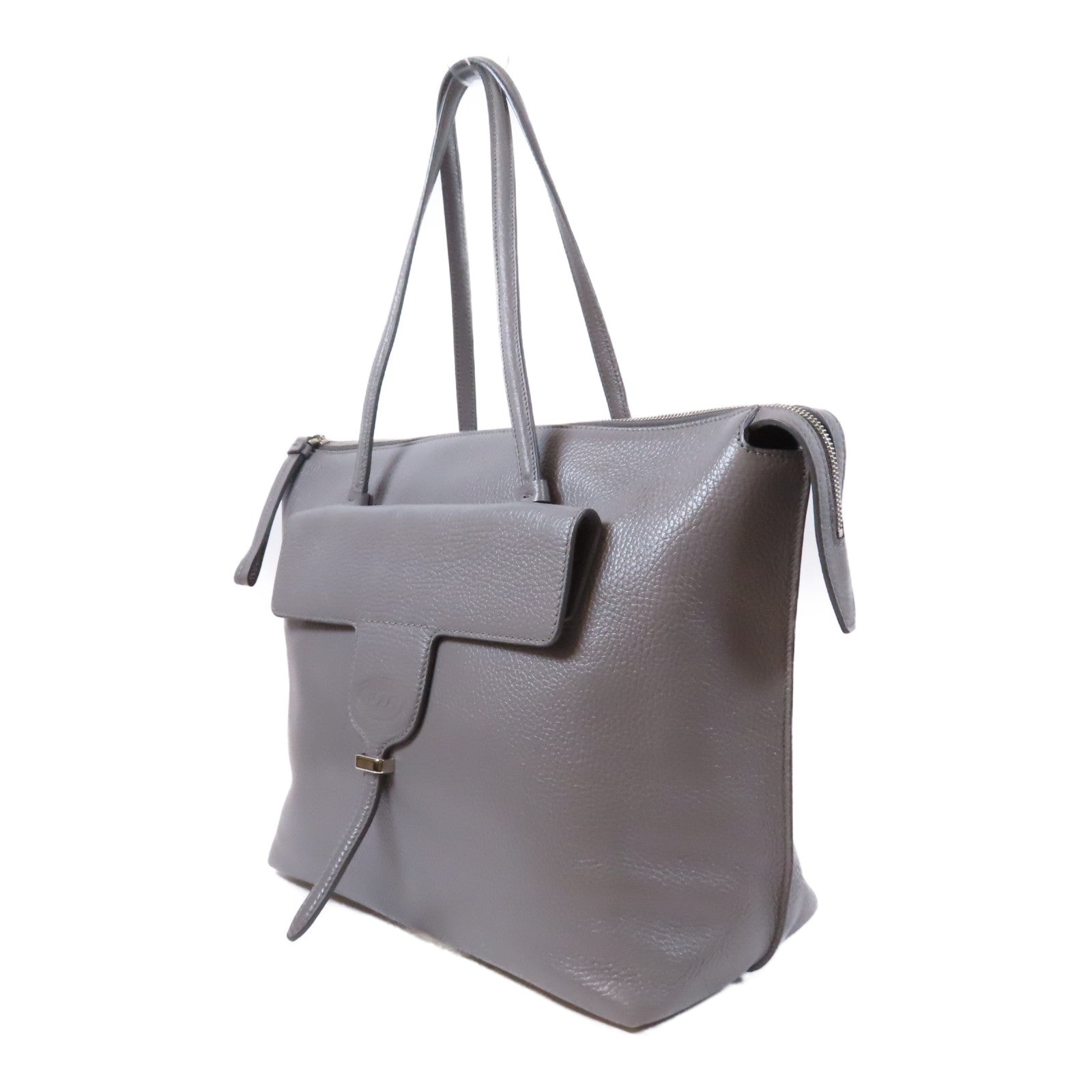 TOD'S 牛皮皮革Tote Bag銀扣肩背袋灰色