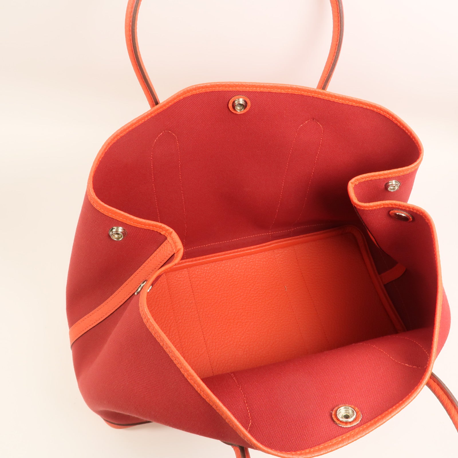 HERMES 【激減優惠】帆布GardenParty PM銀扣手挽袋Rouge Tomate/Capucin