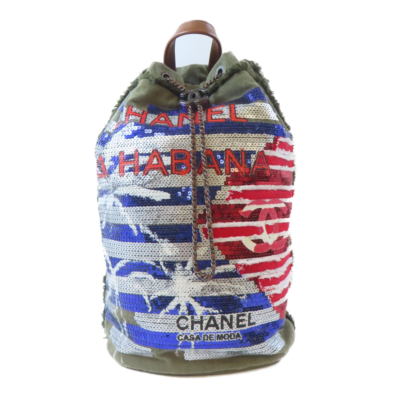 CHANEL 帆布/珠片Backpack黑扣背包綠色/藍色/紅色/白色