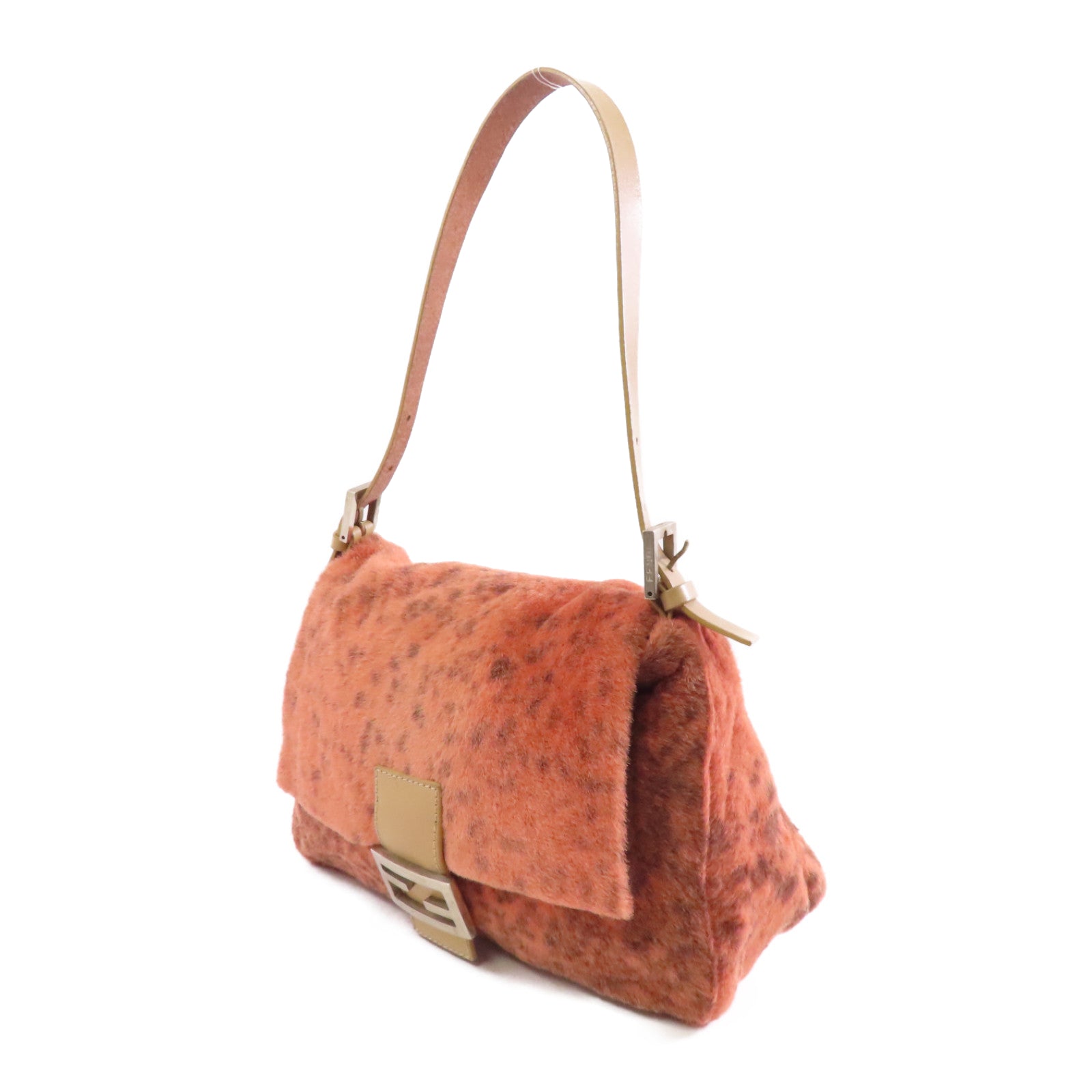 FENDI 斑點毛皮Shoulder Bag銀扣肩背袋橙色