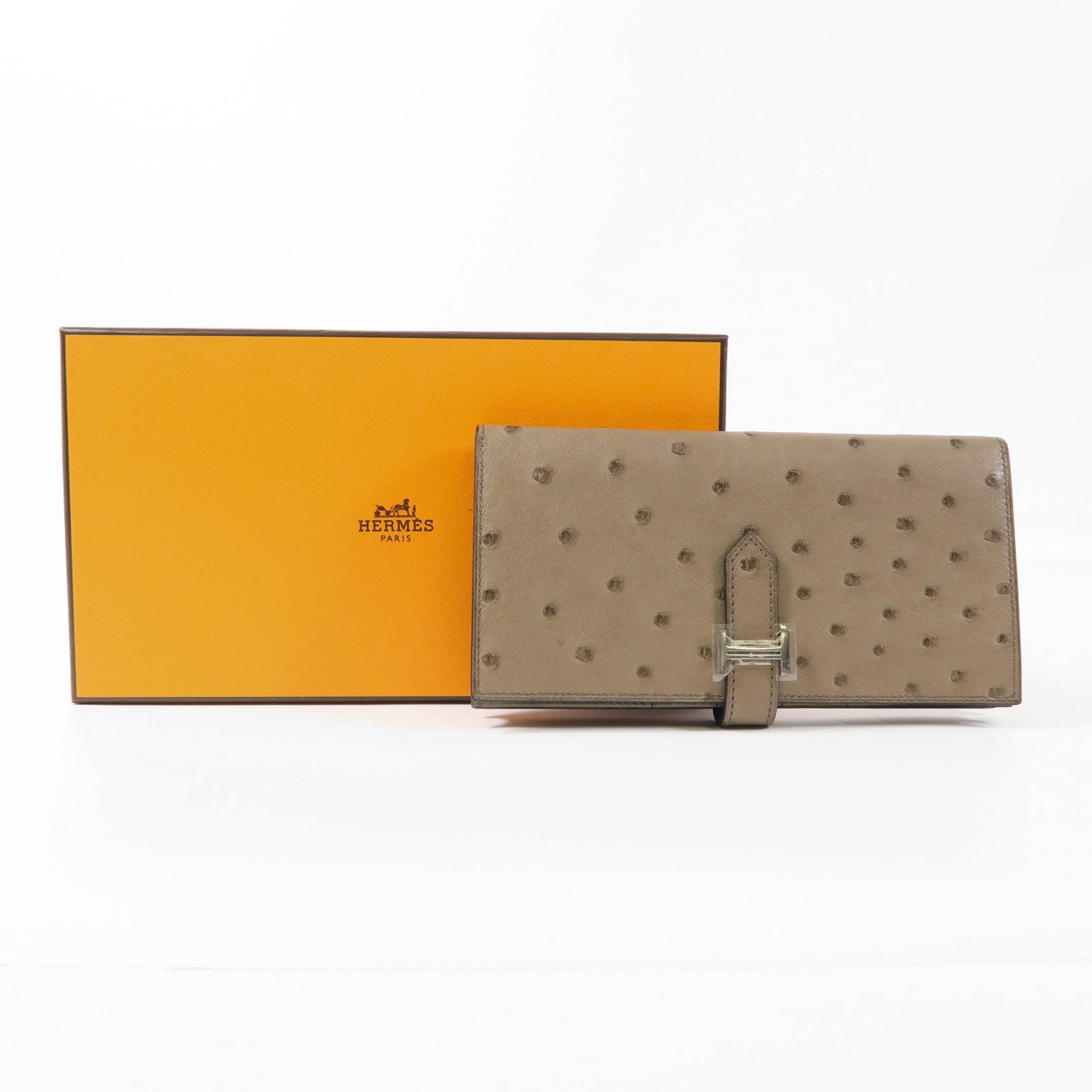 HERMES 鴕鳥皮革Bearn Long Wallet銀扣長錢包