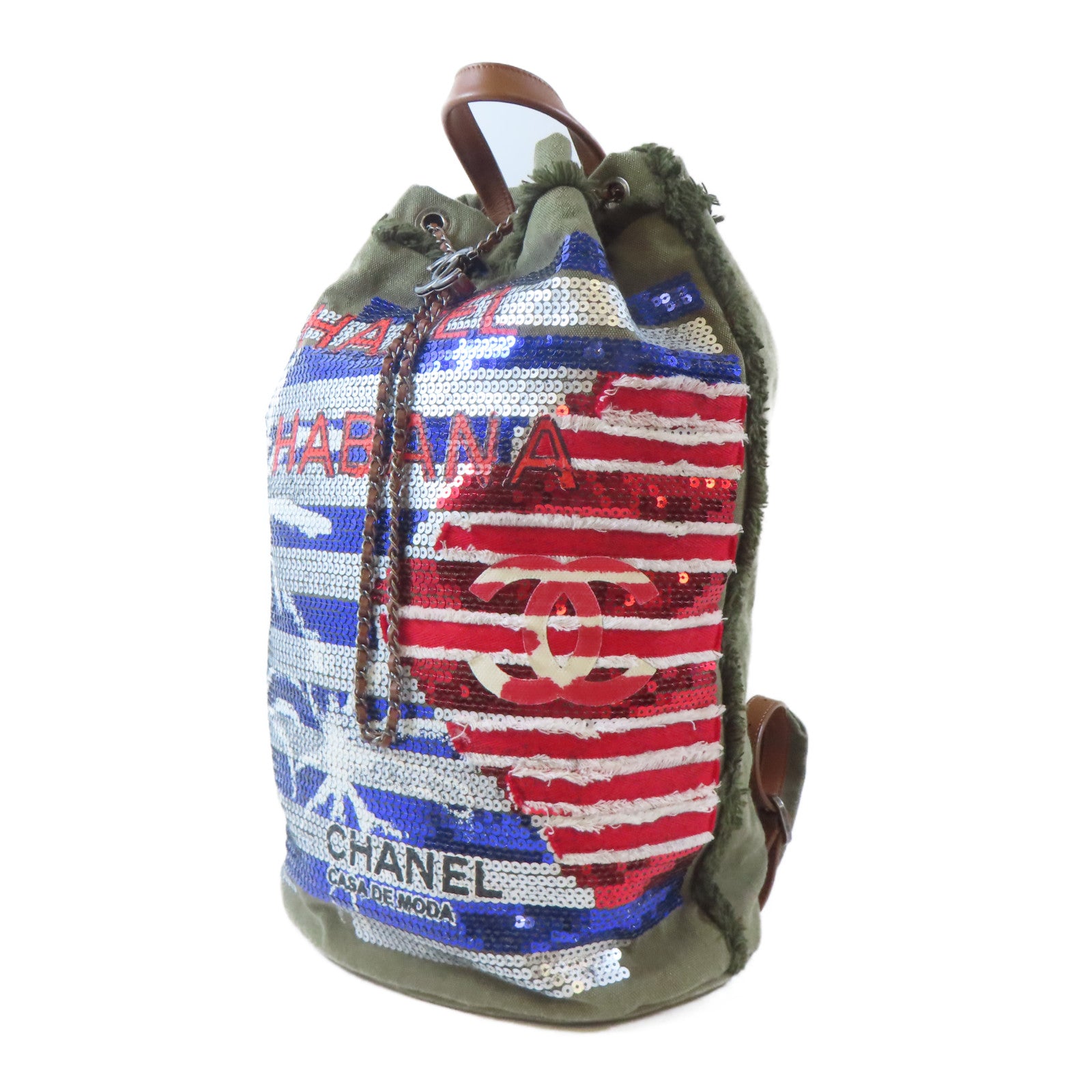 CHANEL 帆布/珠片Backpack黑扣背包綠色/藍色/紅色/白色