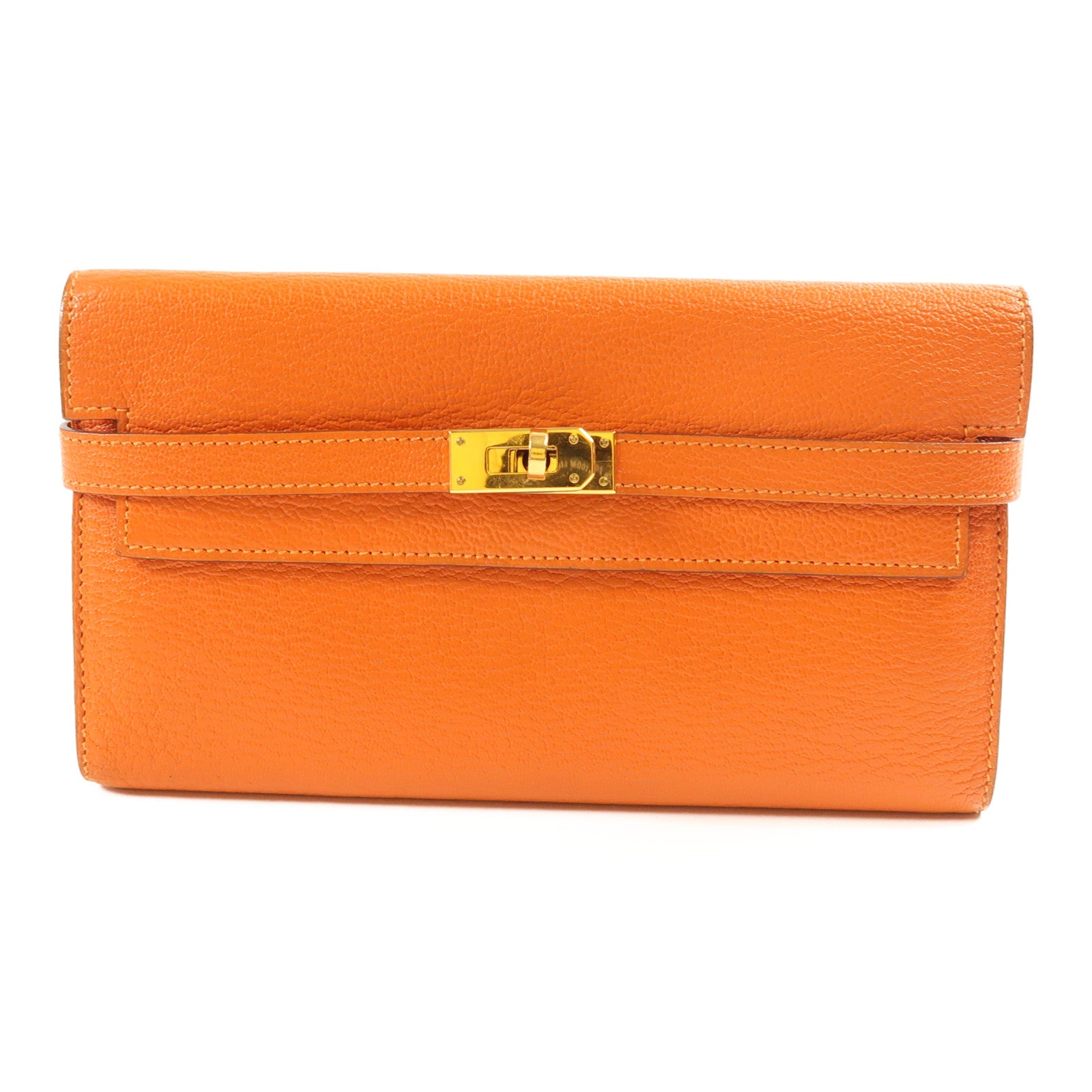 HERMES Chevre Mysore皮革Kelly Wallet金扣長錢包Orange