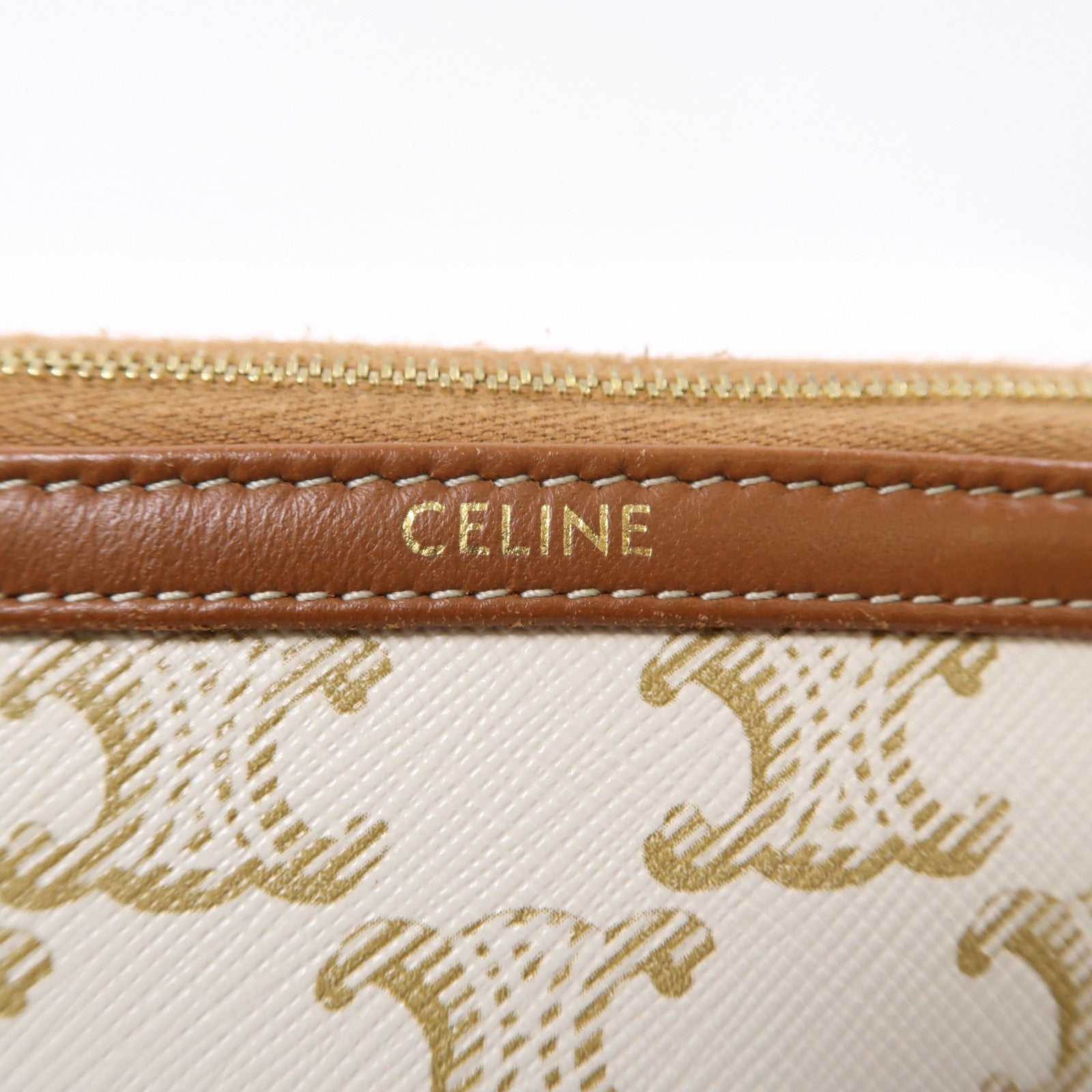 CELINE 帆布Triomphe金扣鏈帶肩背袋米色/啡色