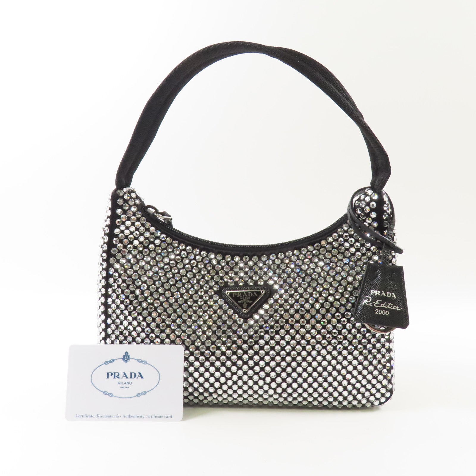 PRADA 尼龍/水晶Crystal Re-Edition 2000 Mini Bag銀扣肩背袋