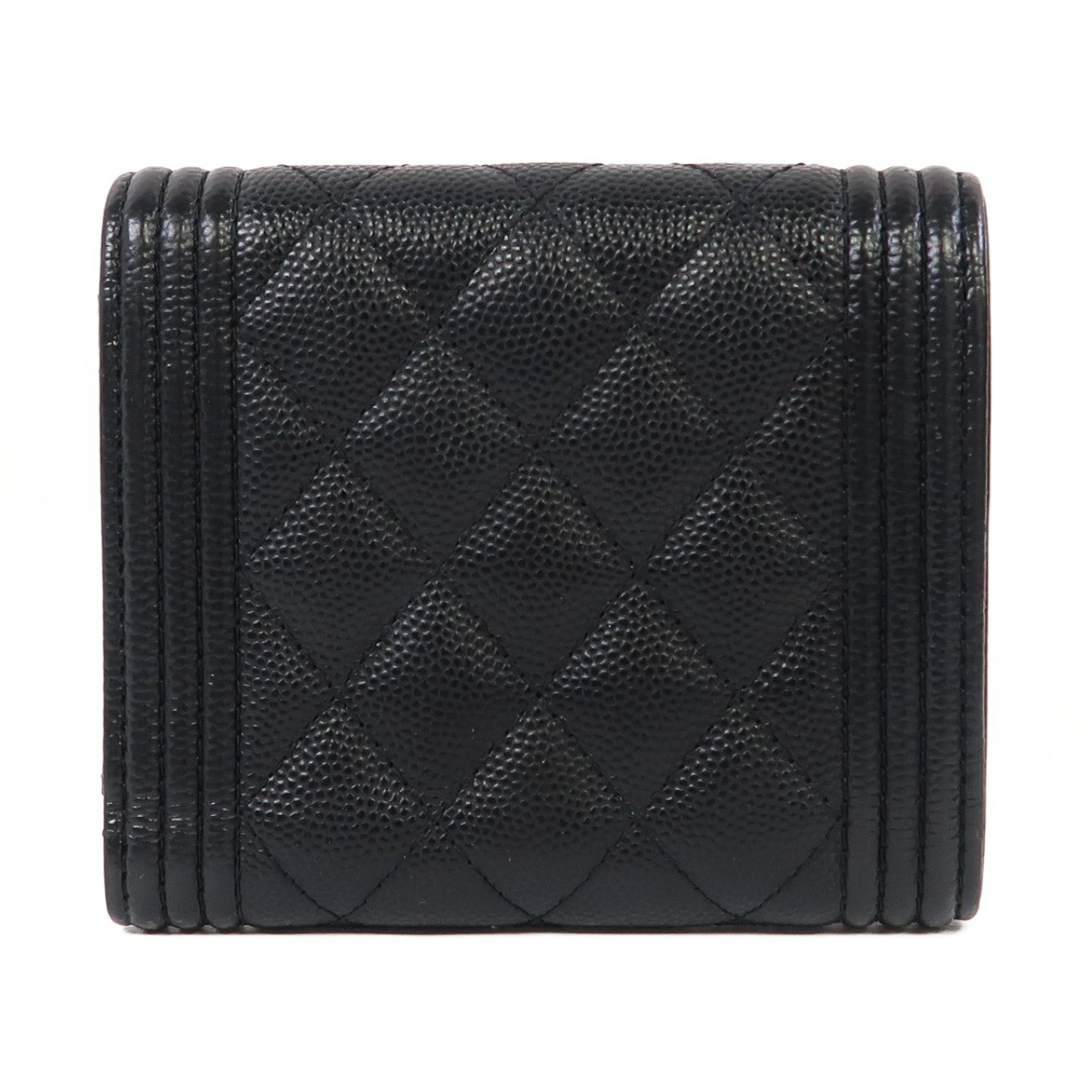 CHANEL 菱格牛皮皮革Boy Wallet金扣錢包黑色