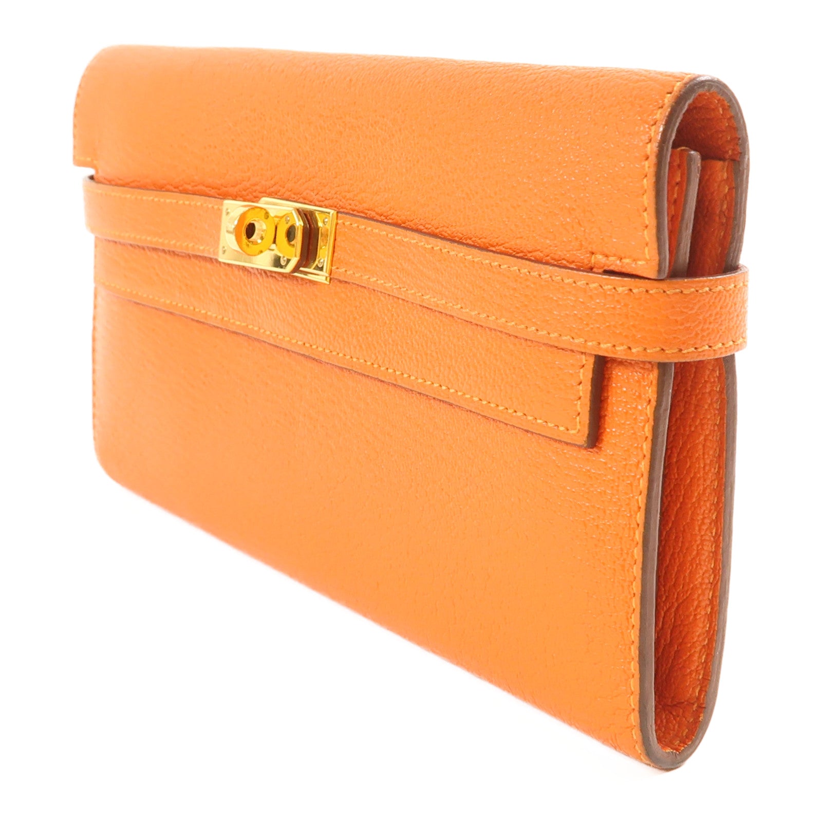 HERMES Chevre Mysore皮革Kelly Wallet金扣長錢包Orange