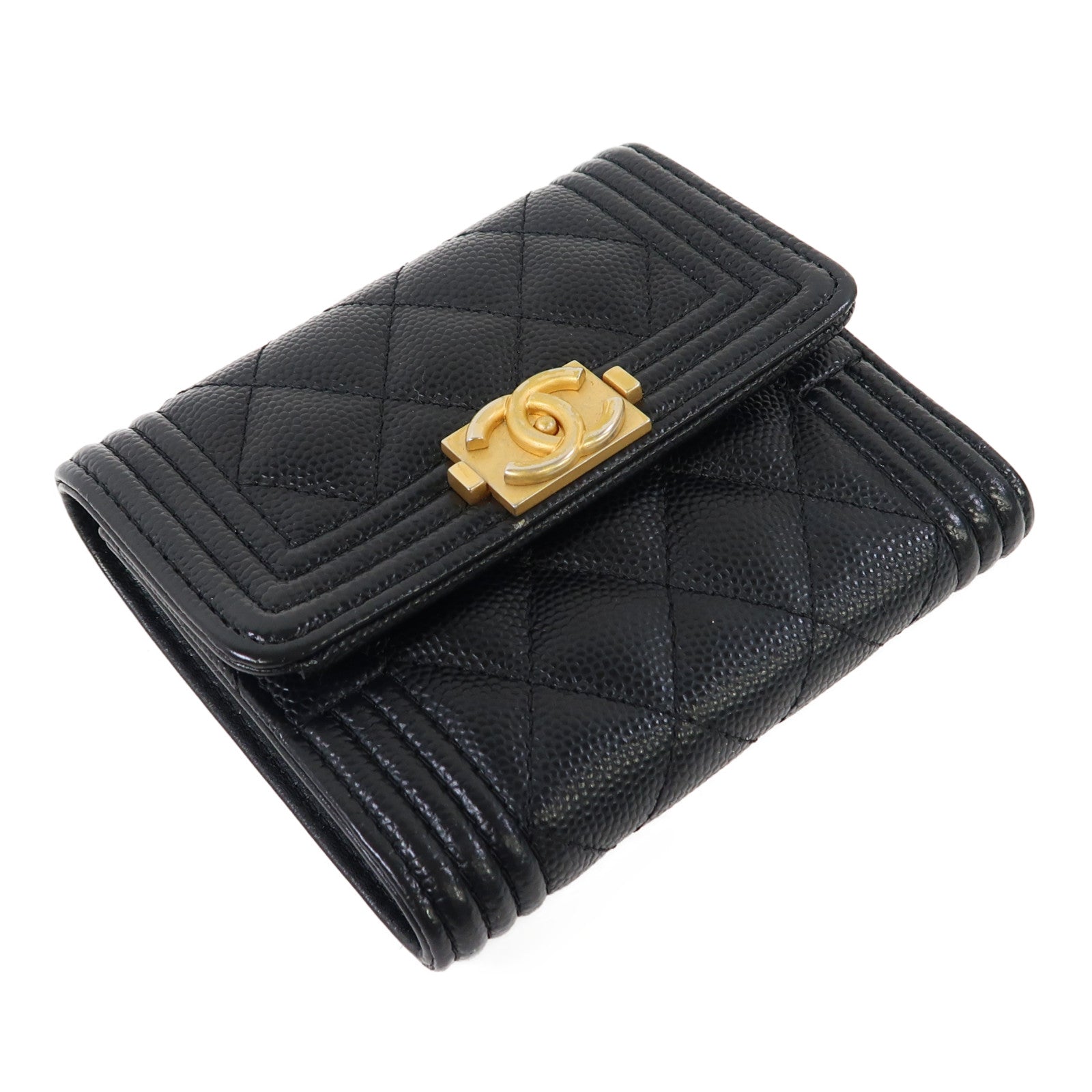 CHANEL 菱格牛皮皮革Boy Wallet金扣錢包黑色