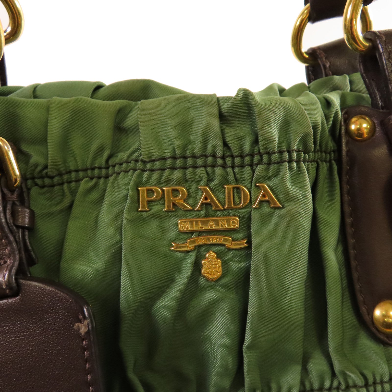 PRADA 【激減優惠】尼龍Handbag金扣手挽袋綠色/啡色