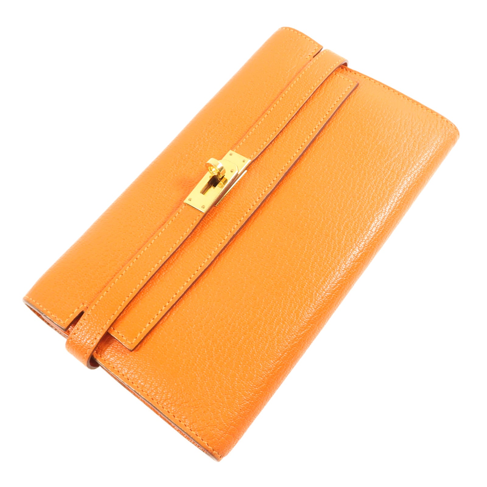 HERMES Chevre Mysore皮革Kelly Wallet金扣長錢包Orange