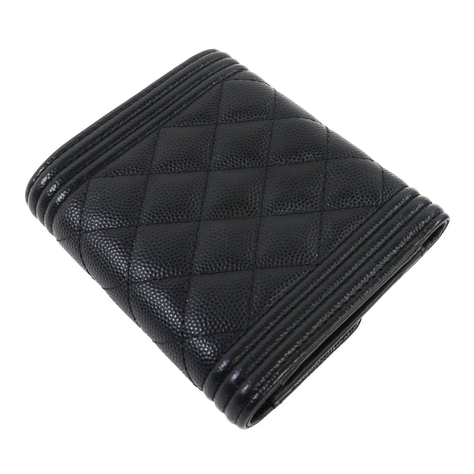 CHANEL 菱格牛皮皮革Boy Wallet金扣錢包黑色