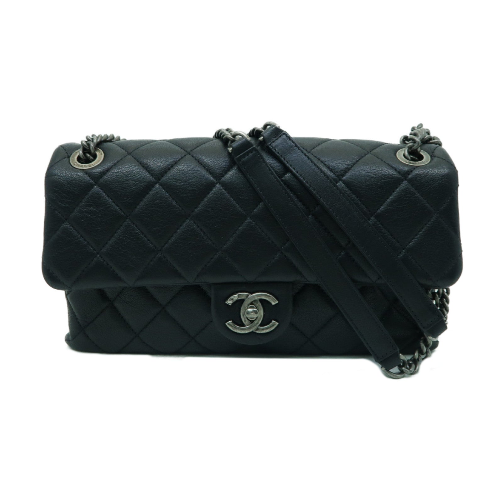 CHANEL 【激減優惠】菱格牛皮皮革Chain Shoulder銀扣鏈帶肩背袋黑色