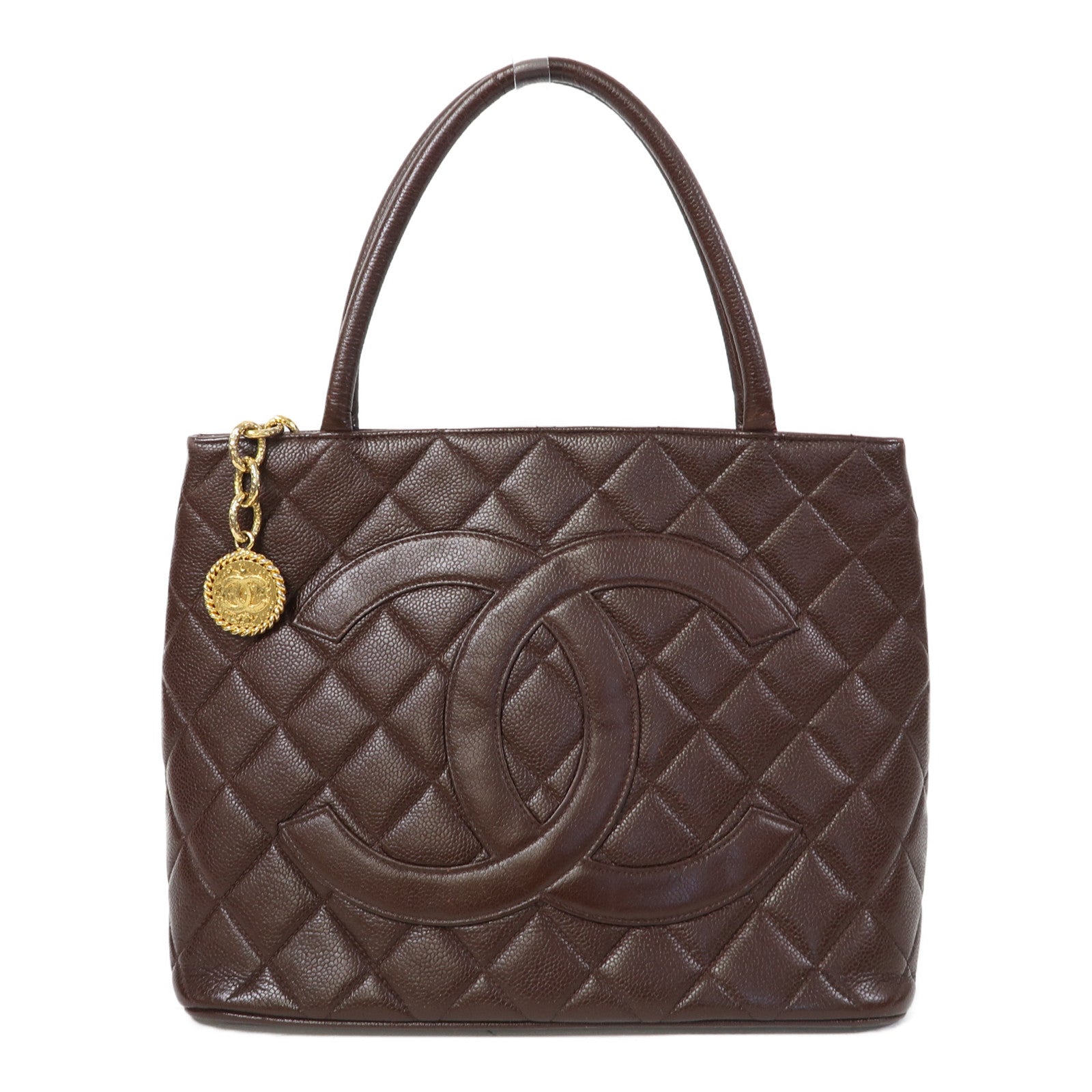 CHANEL 菱格牛皮皮革Vintage Handbag金扣手挽袋啡色