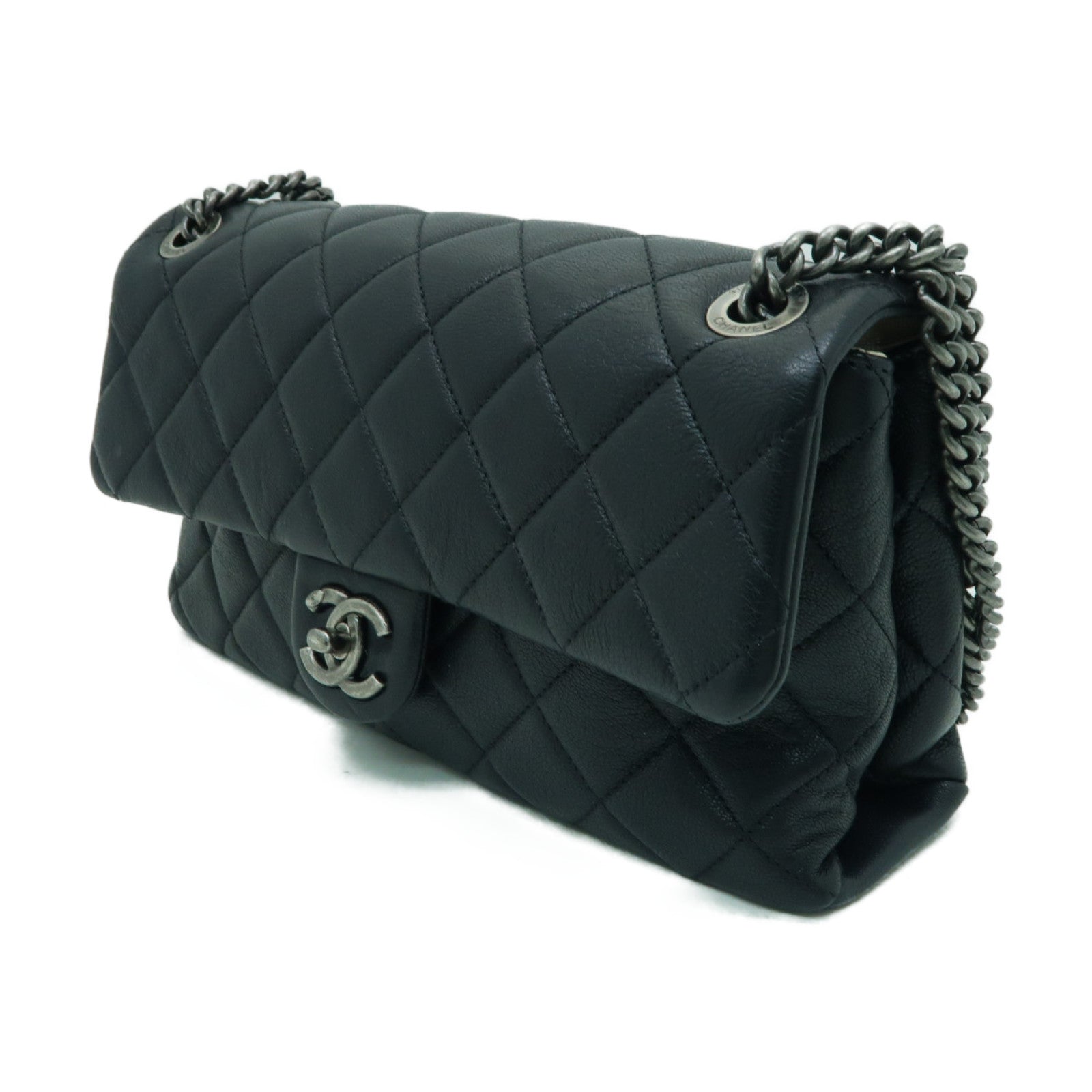 CHANEL 【激減優惠】菱格牛皮皮革Chain Shoulder銀扣鏈帶肩背袋黑色