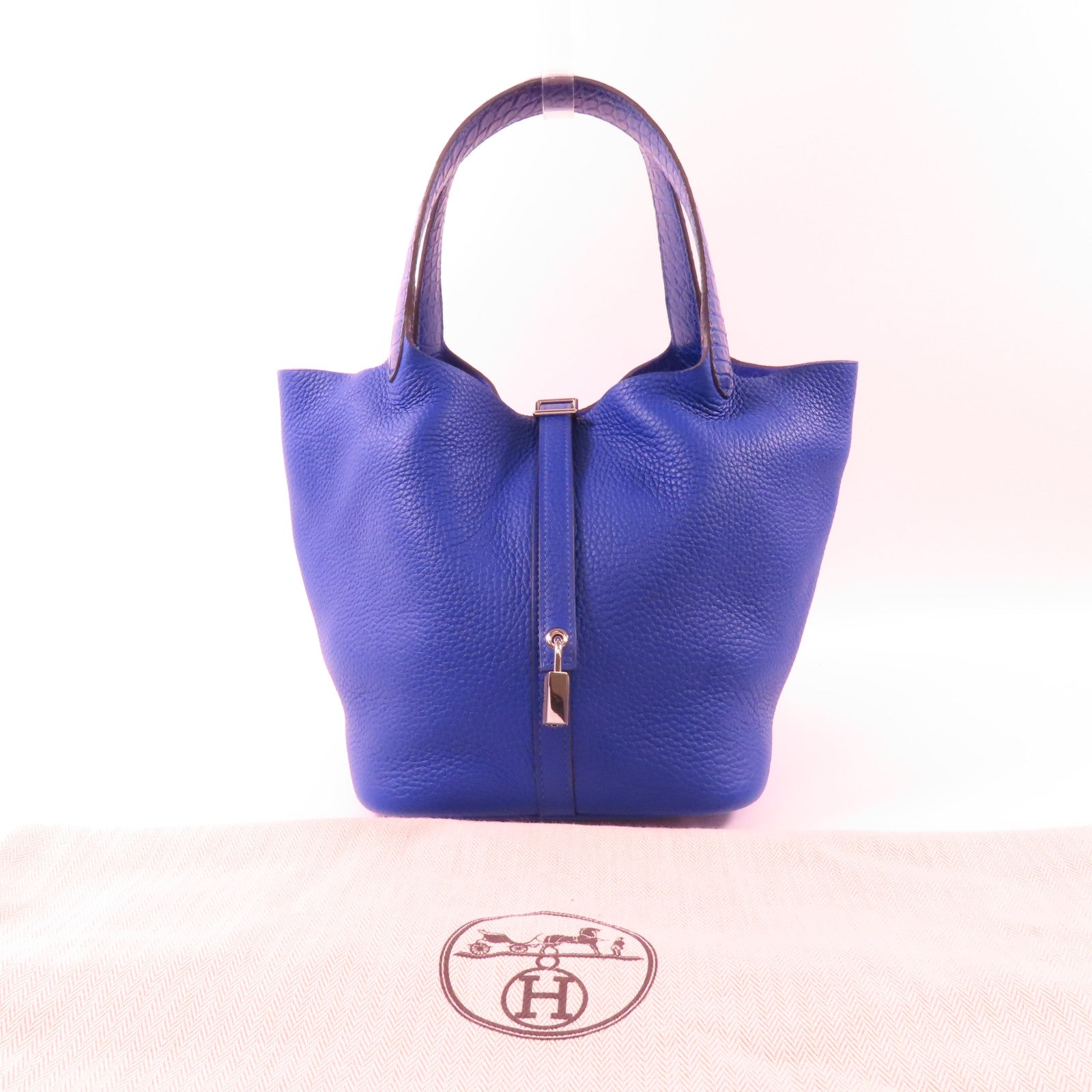 HERMES Clemence皮革/鱷魚皮革Picotin MM Touch銀扣手挽袋7T Bleu Electrique