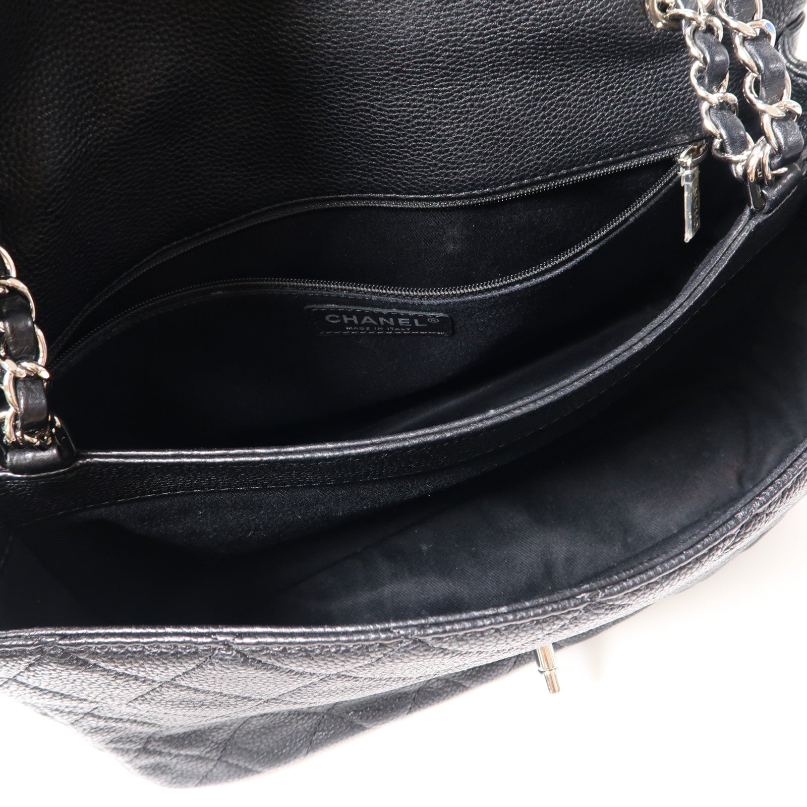 CHANEL 菱格Caviar皮革Chain Shoulder銀扣鏈帶肩背袋黑色