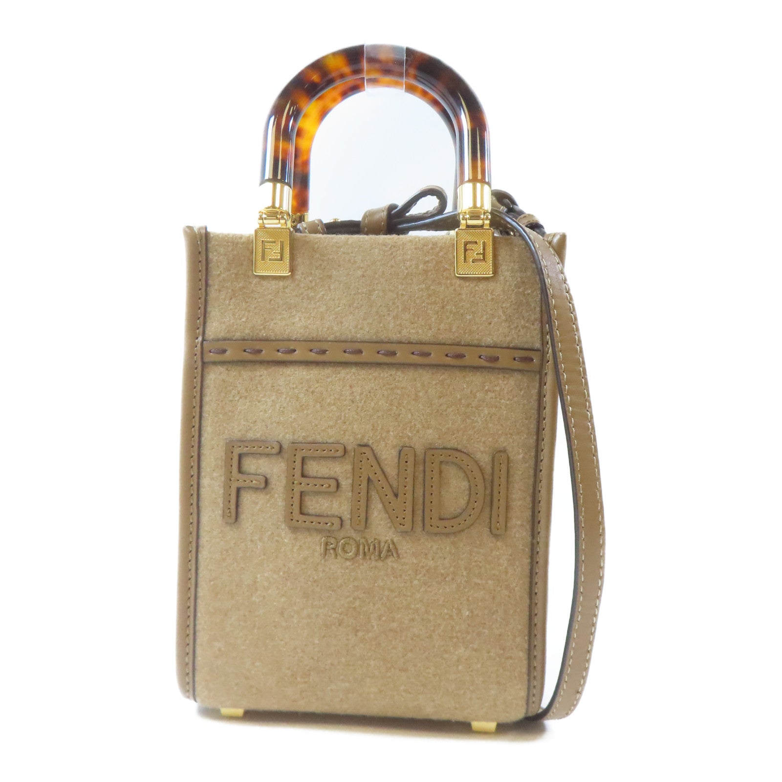 FENDI Wool felt Mini Sunshine Shopper Bag金扣手挽肩背兩用袋啡色