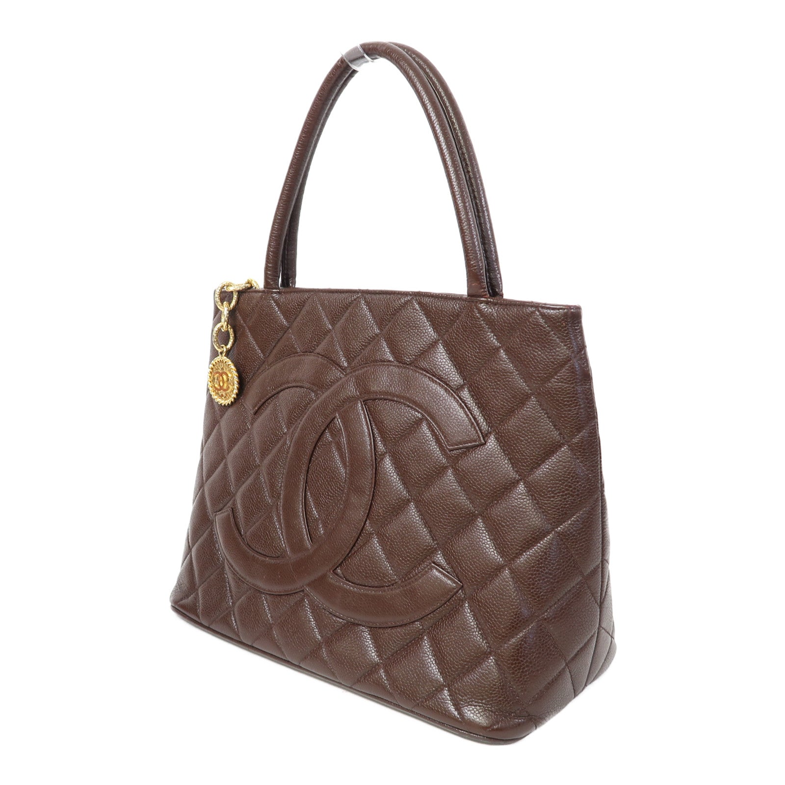 CHANEL 菱格牛皮皮革Vintage Handbag金扣手挽袋啡色