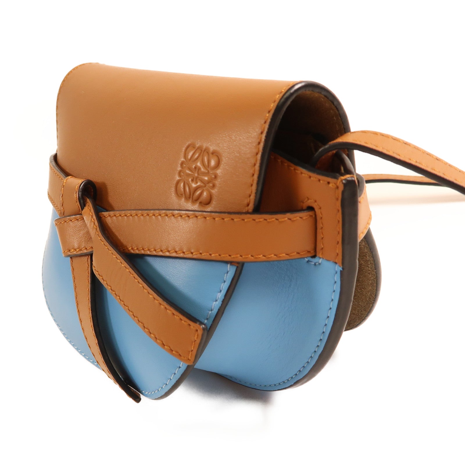 LOEWE GHW Mini Gate Crossbody Shoulder Bag Calfskin Leather Brown/Light Blue