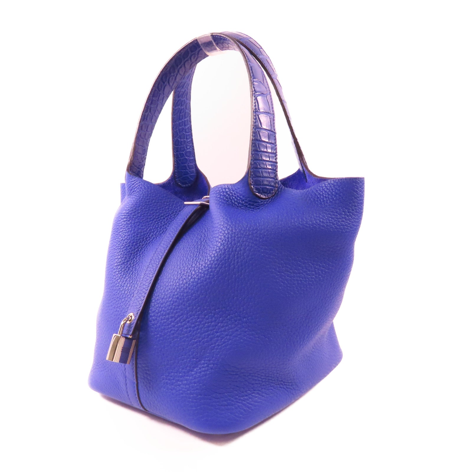 HERMES Clemence皮革/鱷魚皮革Picotin MM Touch銀扣手挽袋7T Bleu Electrique
