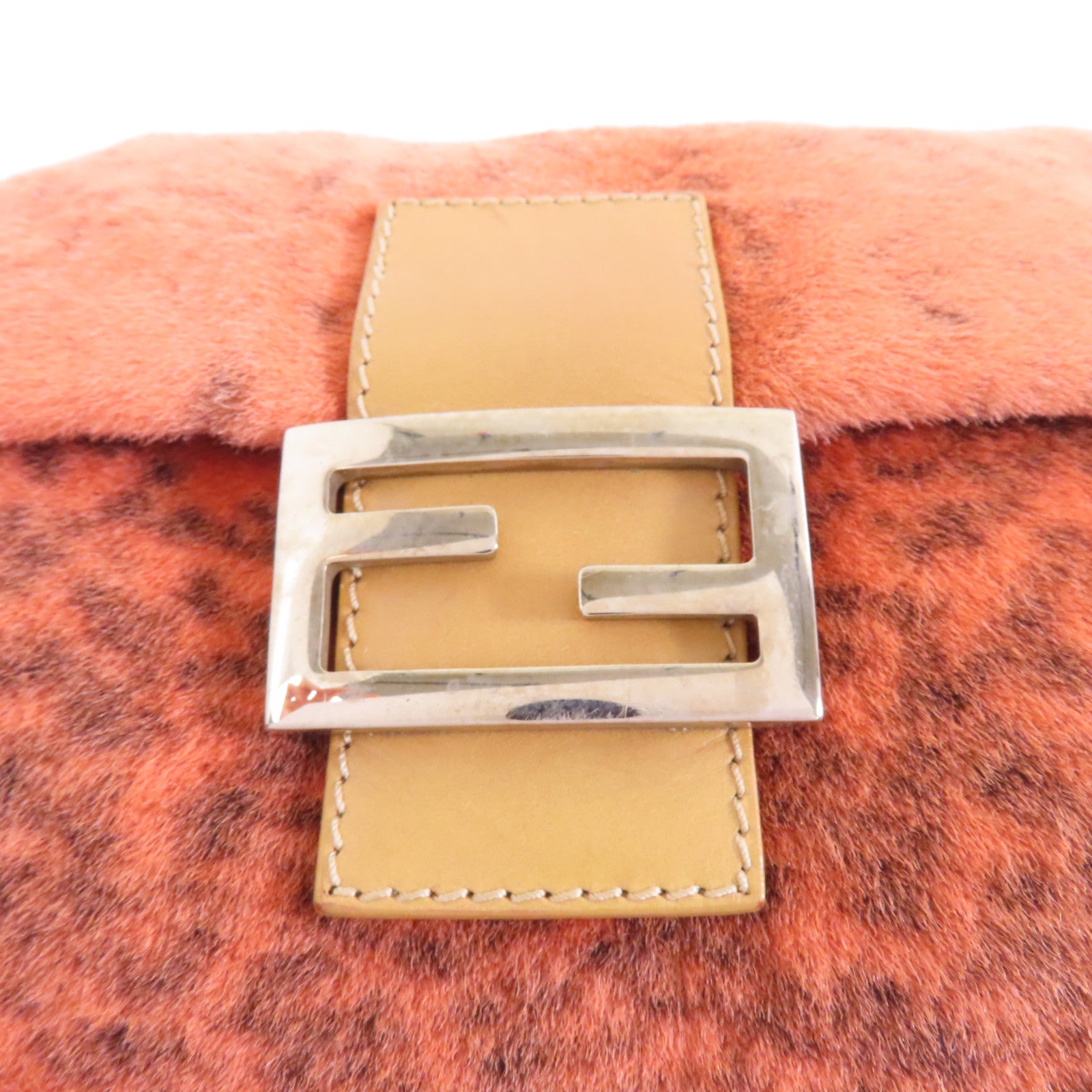 FENDI 斑點毛皮Shoulder Bag銀扣肩背袋橙色