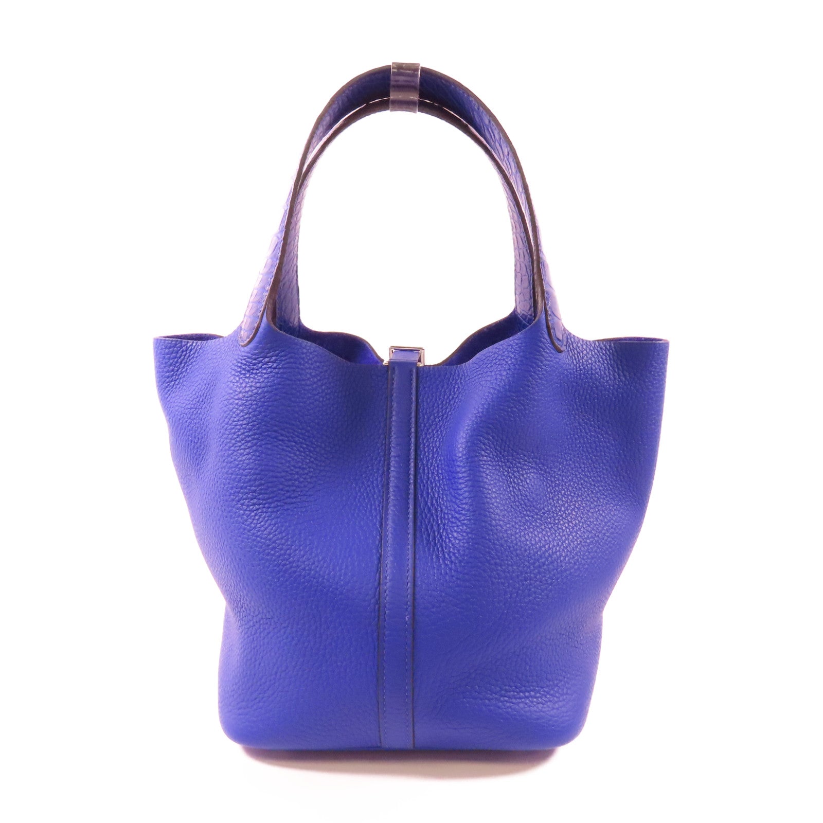 HERMES Clemence皮革/鱷魚皮革Picotin MM Touch銀扣手挽袋7T Bleu Electrique
