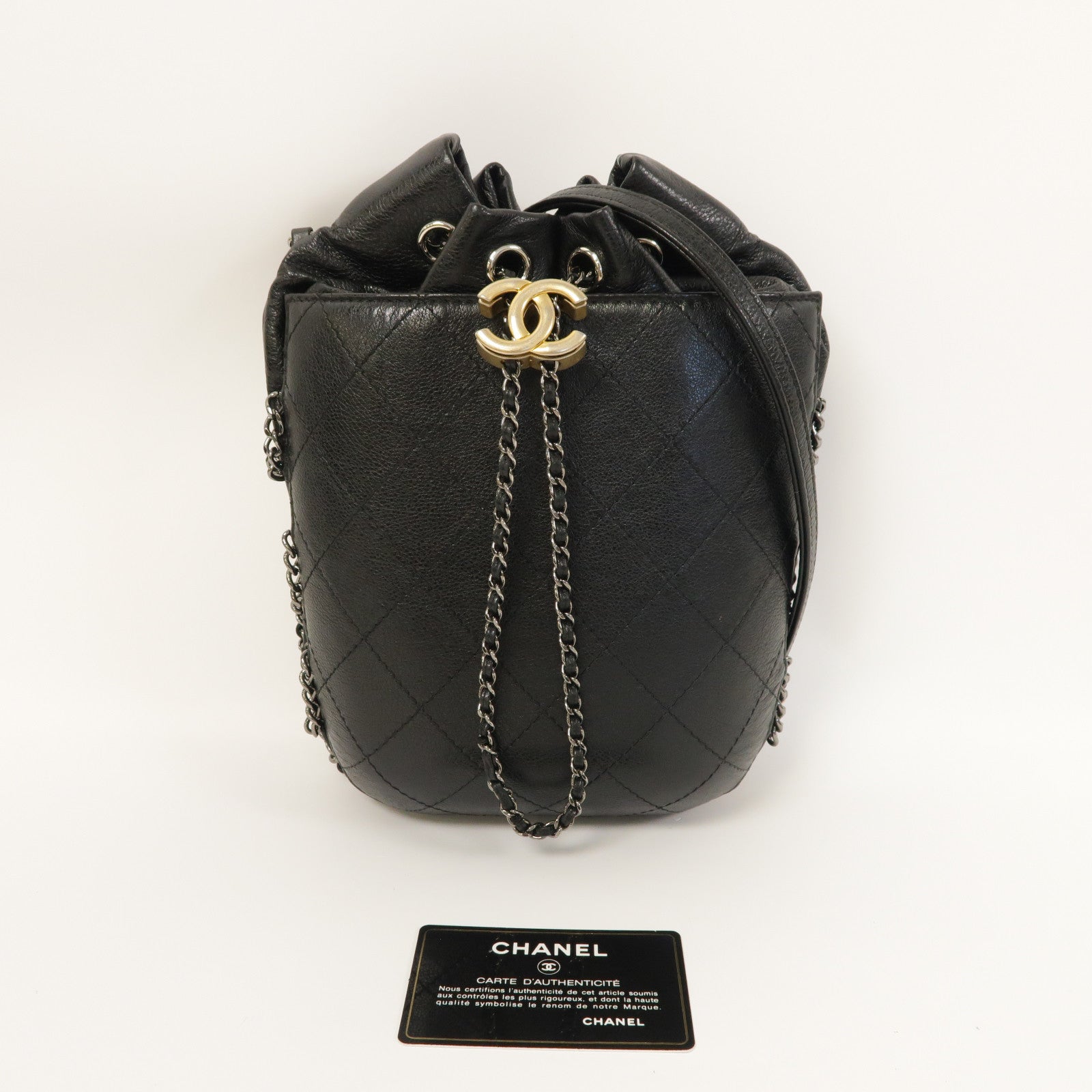 CHANEL 菱格牛皮皮革Chain Shoulder銀扣鏈帶肩背袋黑色