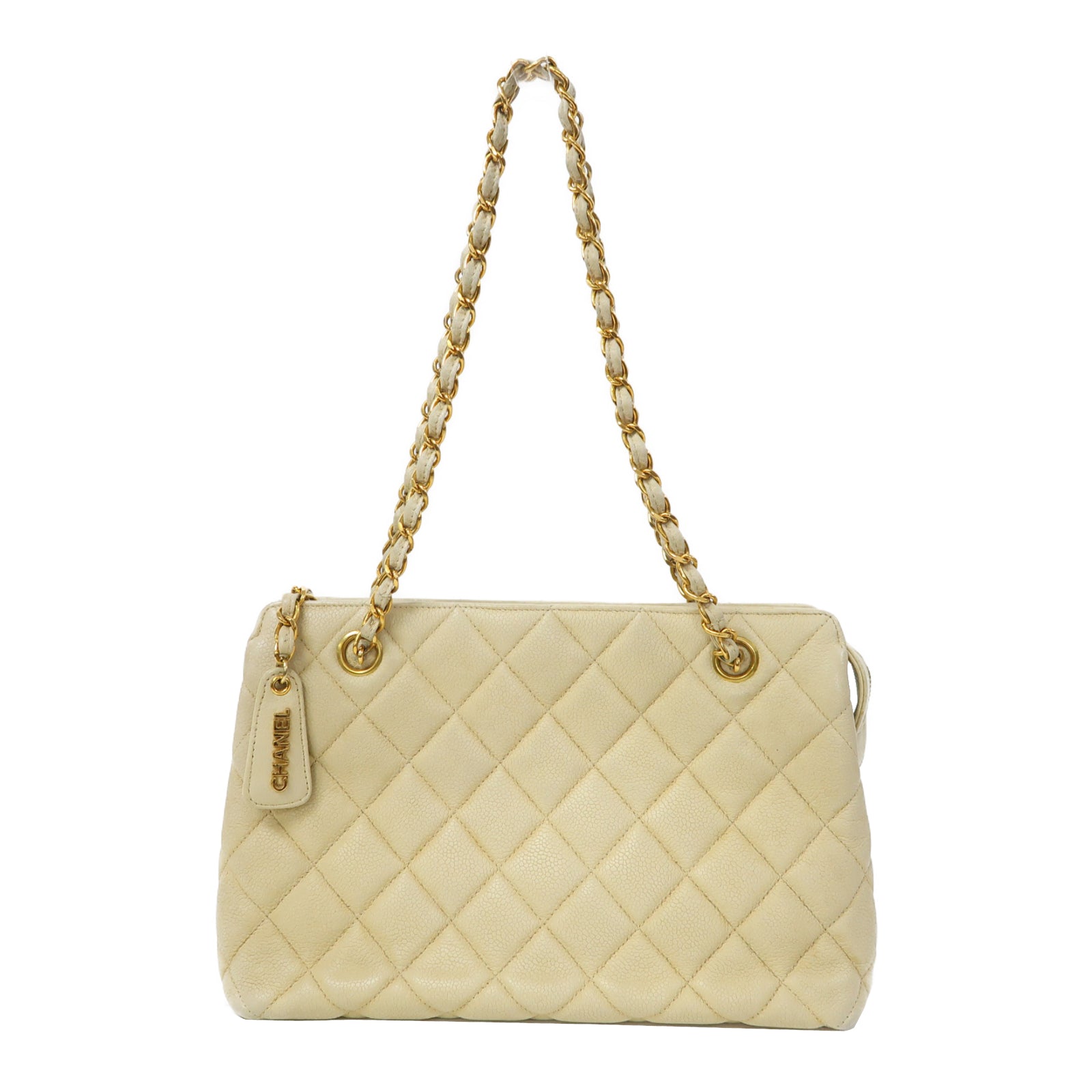 CHANEL 菱格Caviar皮革Chain Shoulder金扣鏈帶肩背袋米色