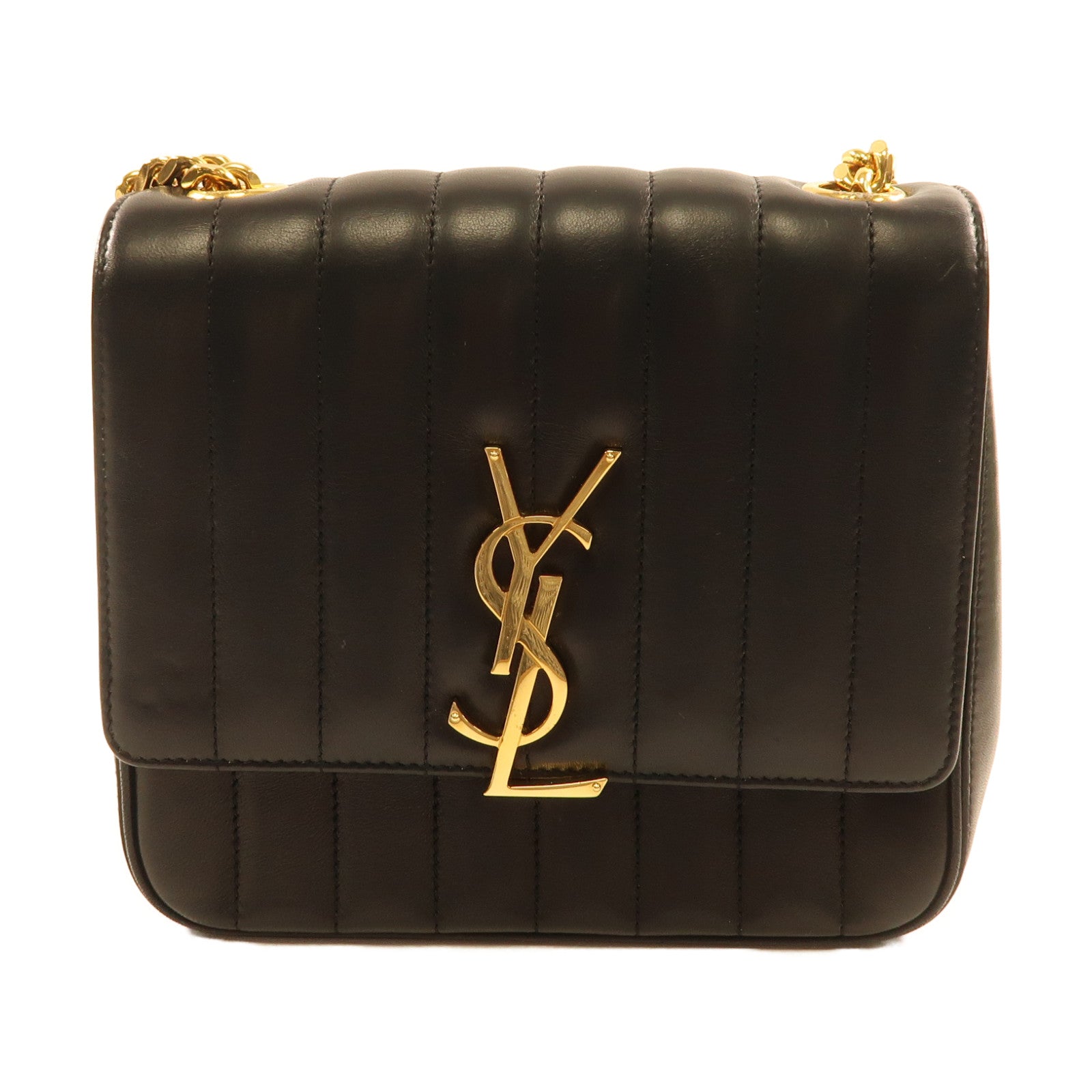 SAINT LAURENT 羊皮皮革Vicky金扣鏈帶肩背袋黑色
