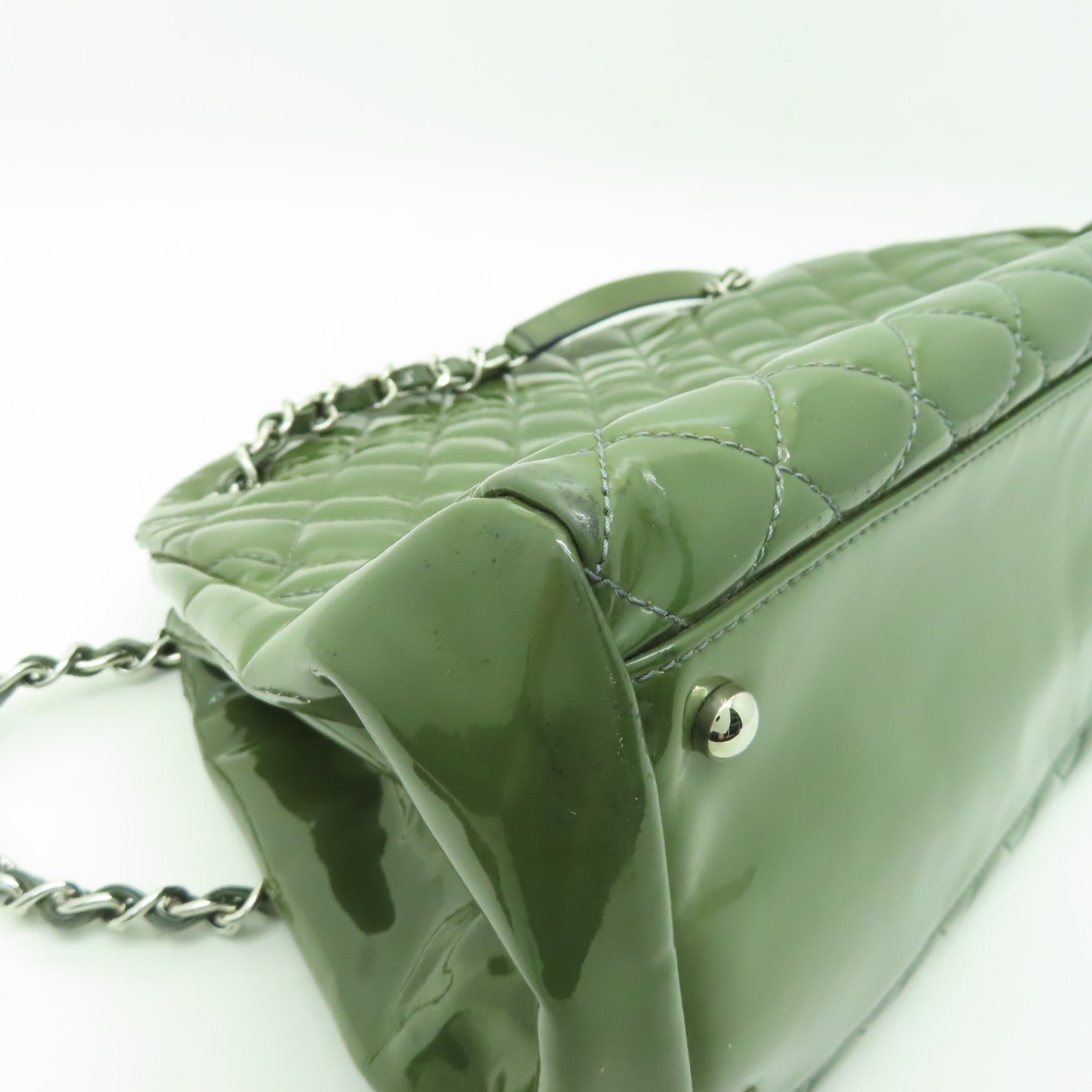 CHANEL 菱格漆皮皮革Chain Shoulder銀扣鏈帶肩背袋綠色