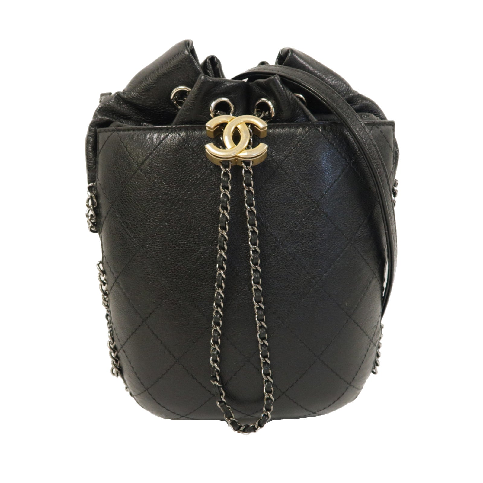 CHANEL 菱格牛皮皮革Chain Shoulder銀扣鏈帶肩背袋黑色