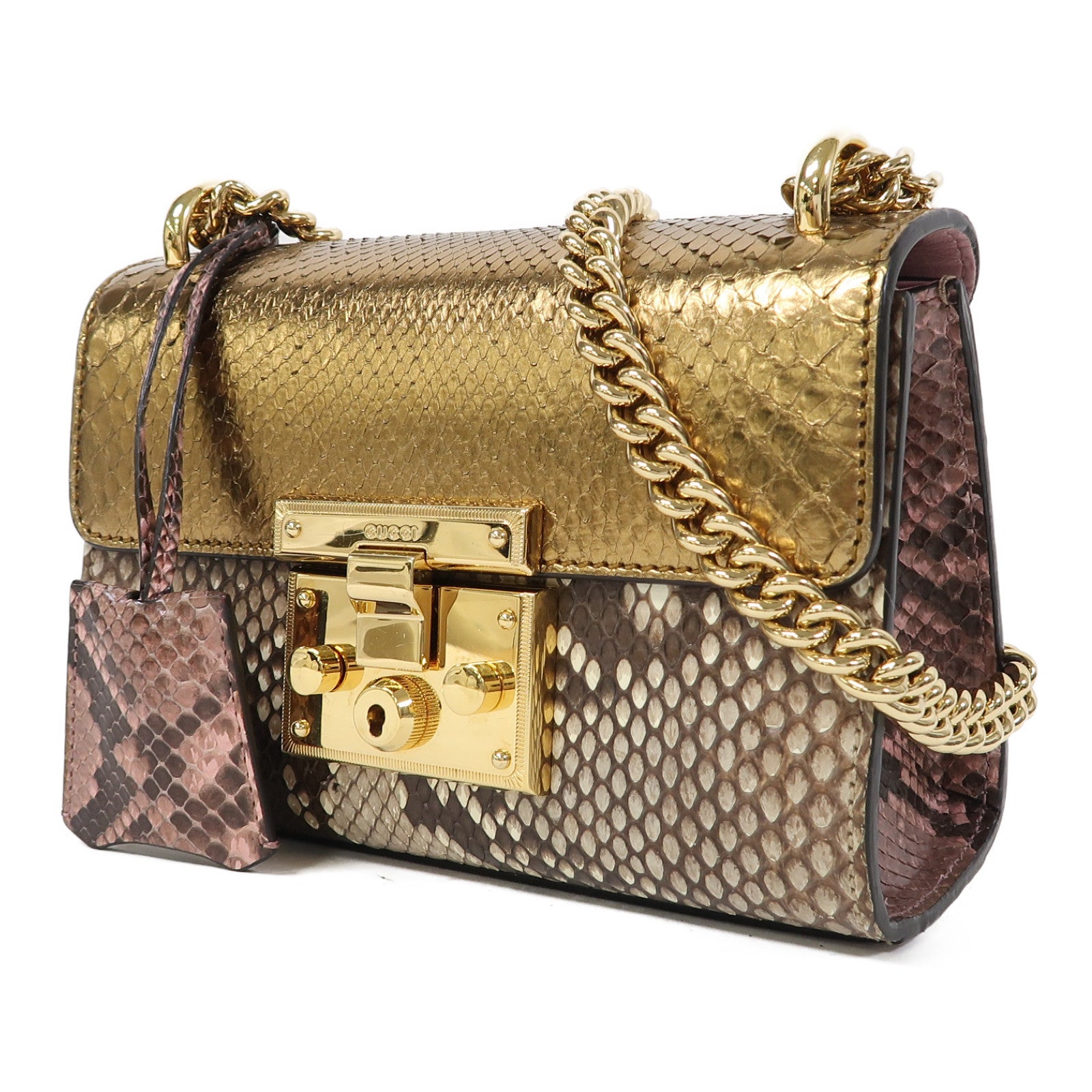 GUCCI 蛇皮皮革Shoulder Bag金扣鏈帶肩背袋金色/啡色/粉紅色