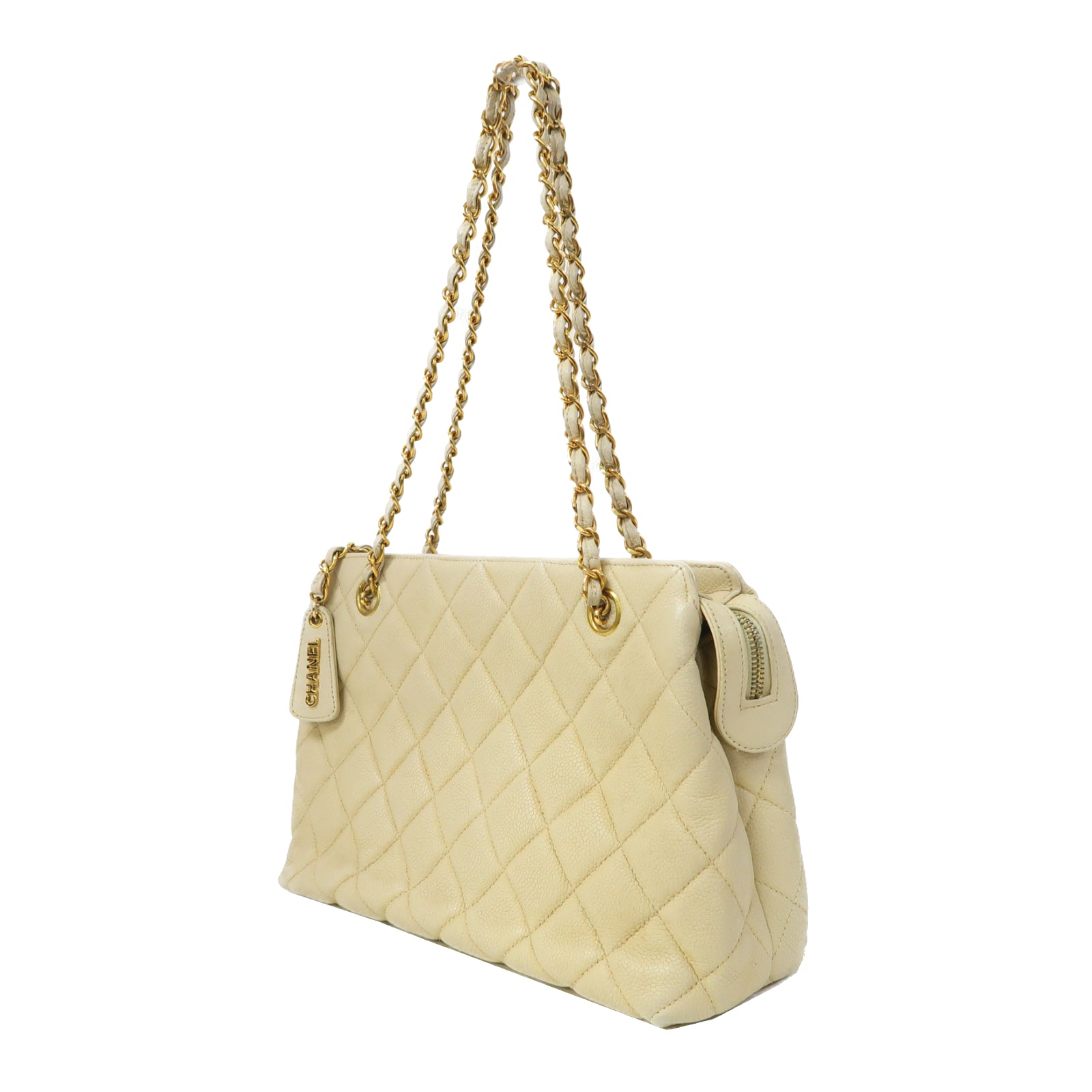 CHANEL 菱格Caviar皮革Chain Shoulder金扣鏈帶肩背袋米色