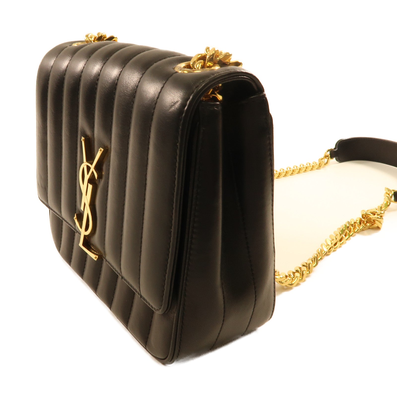 SAINT LAURENT 羊皮皮革Vicky金扣鏈帶肩背袋黑色