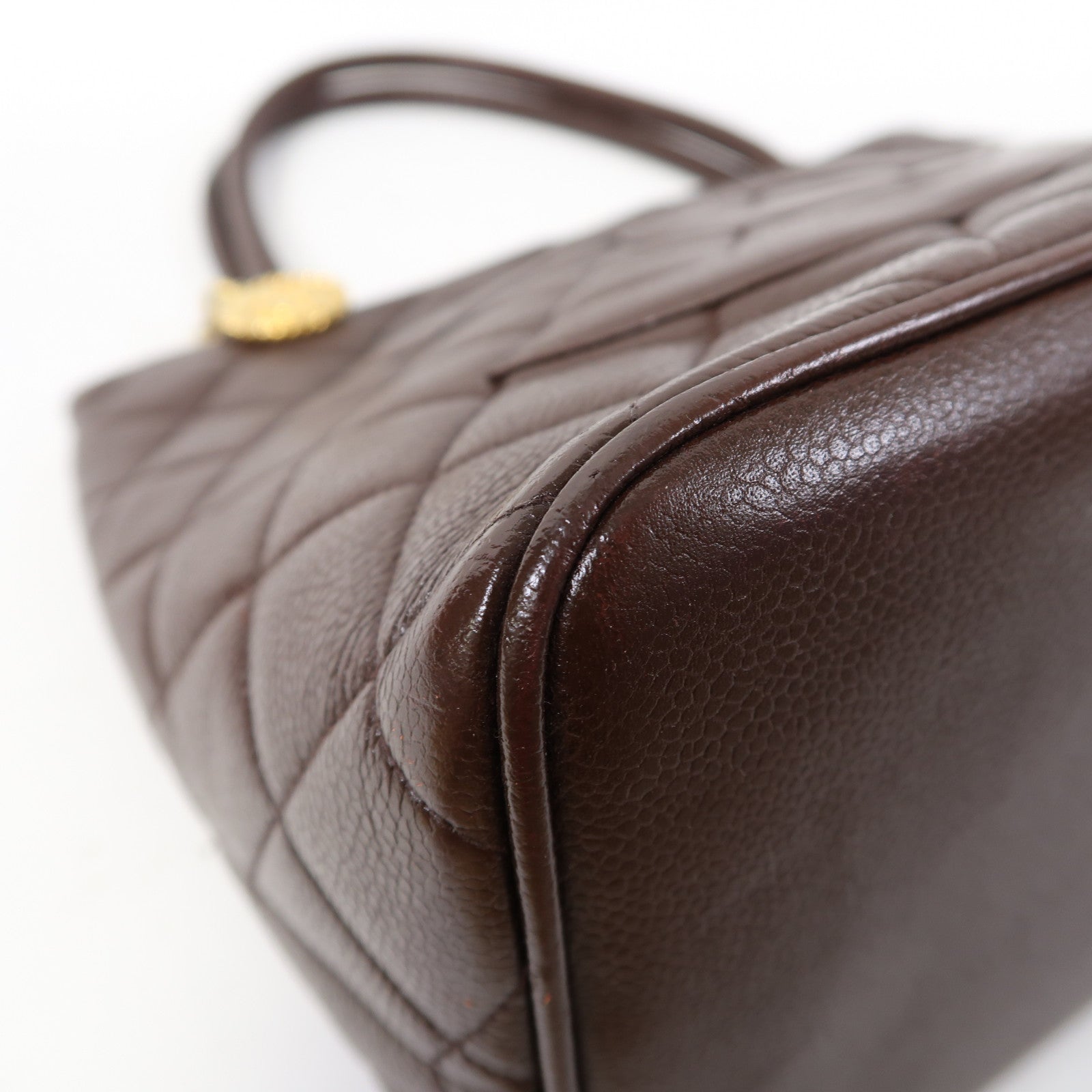 CHANEL 菱格牛皮皮革Vintage Handbag金扣手挽袋啡色