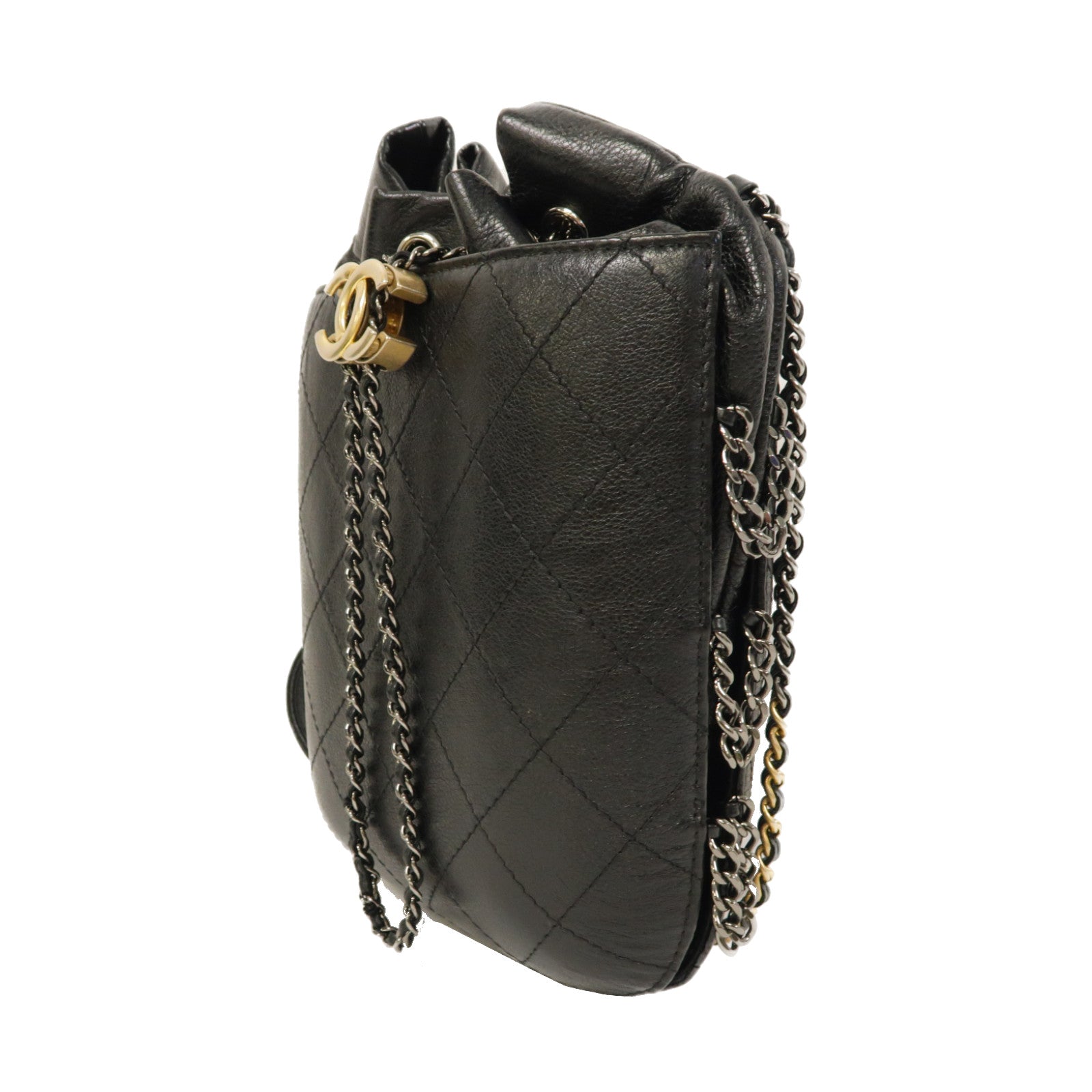 CHANEL 菱格牛皮皮革Chain Shoulder銀扣鏈帶肩背袋黑色