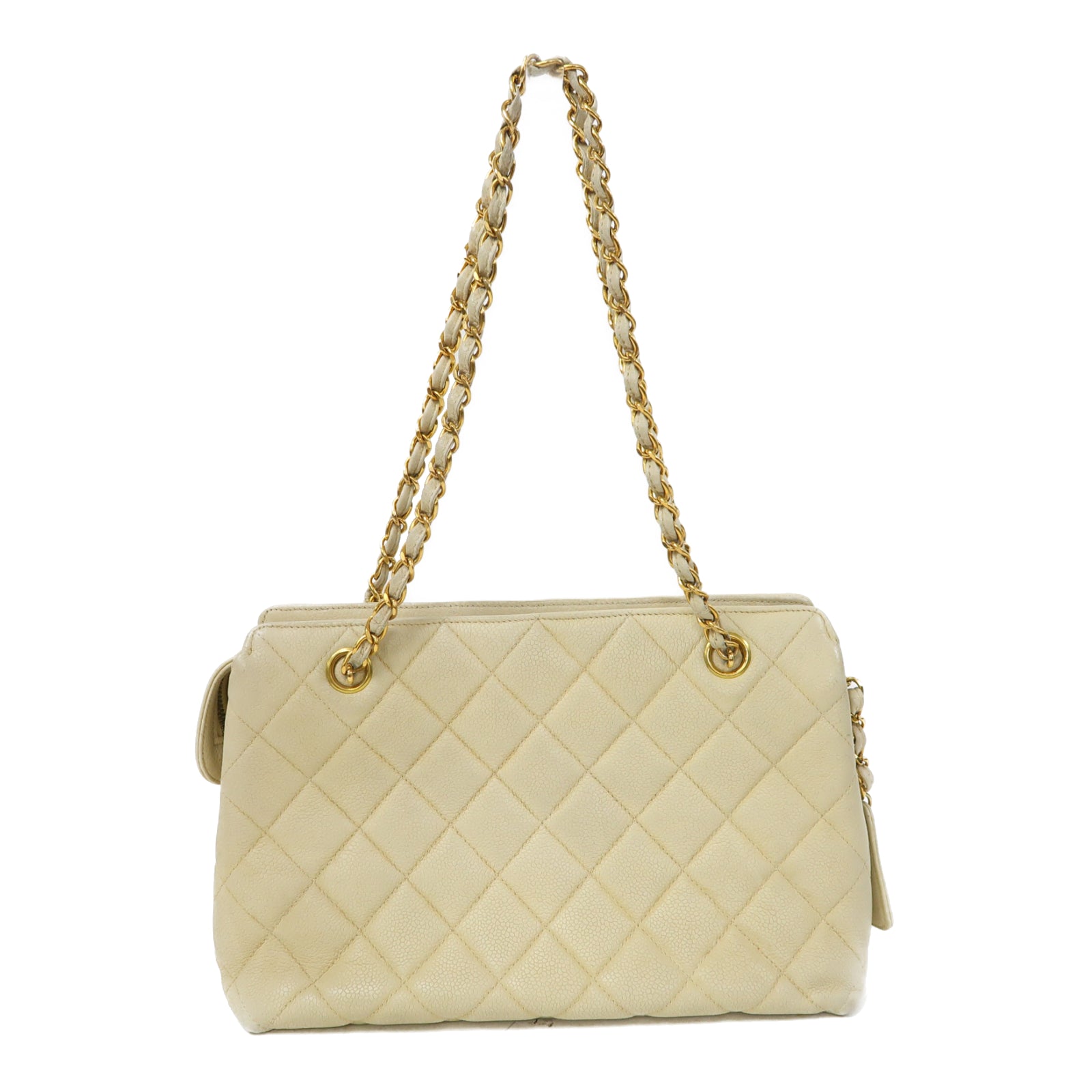 CHANEL 菱格Caviar皮革Chain Shoulder金扣鏈帶肩背袋米色