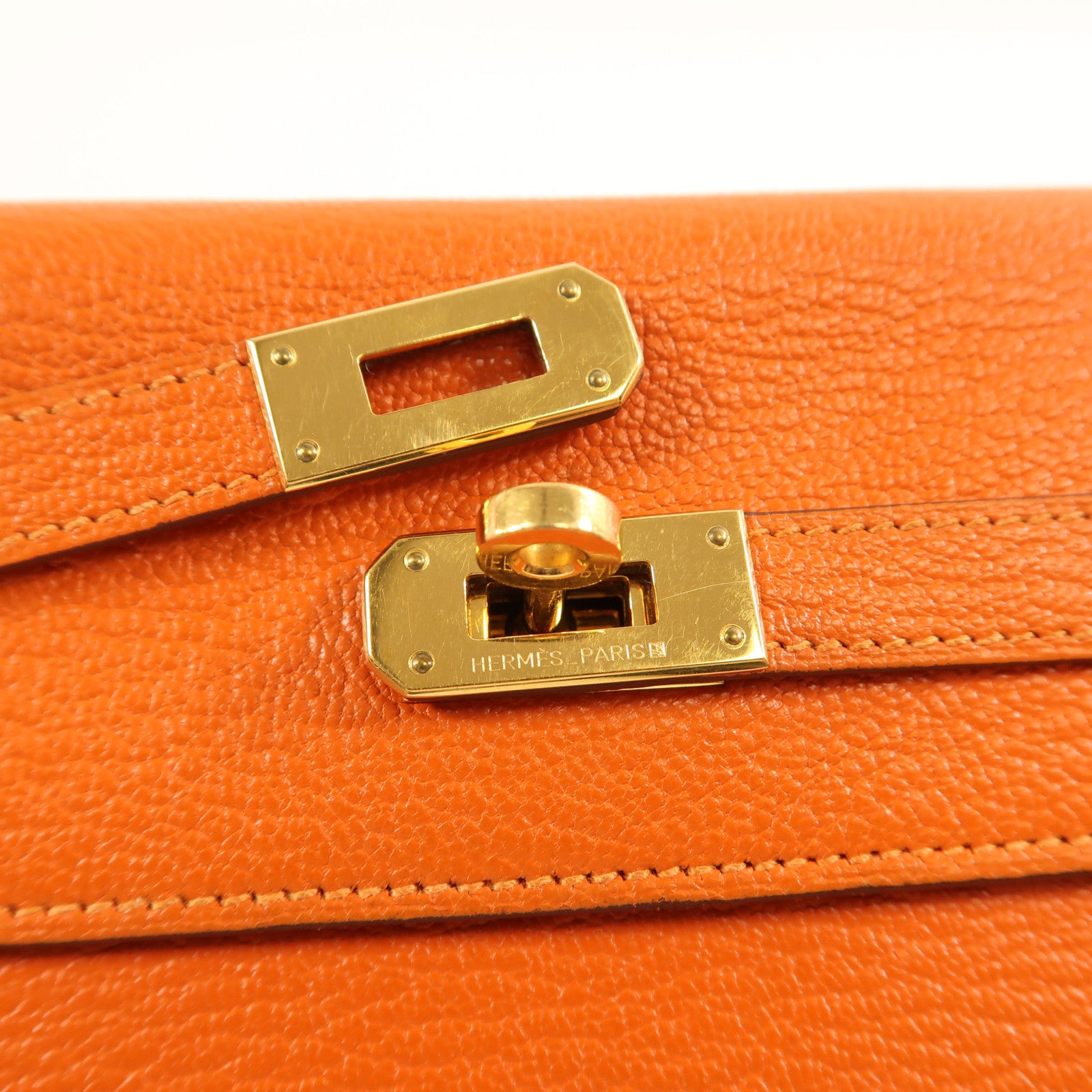 HERMES Chevre Mysore皮革Kelly Wallet金扣長錢包Orange