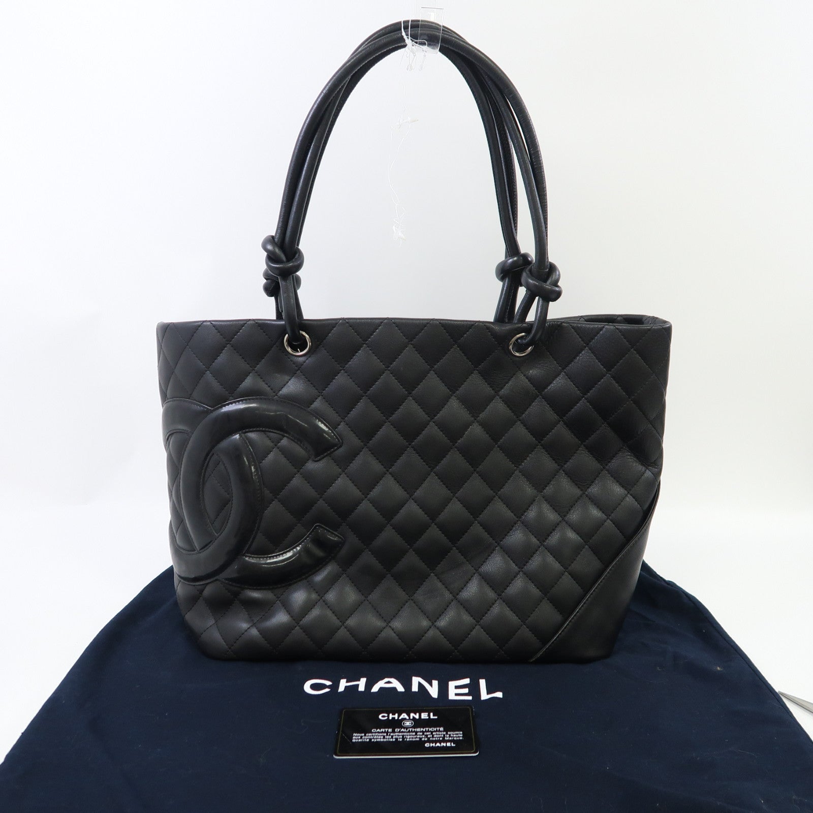 CHANEL 菱格牛皮皮革Cambon Tote銀扣肩背袋/手挽袋黑色