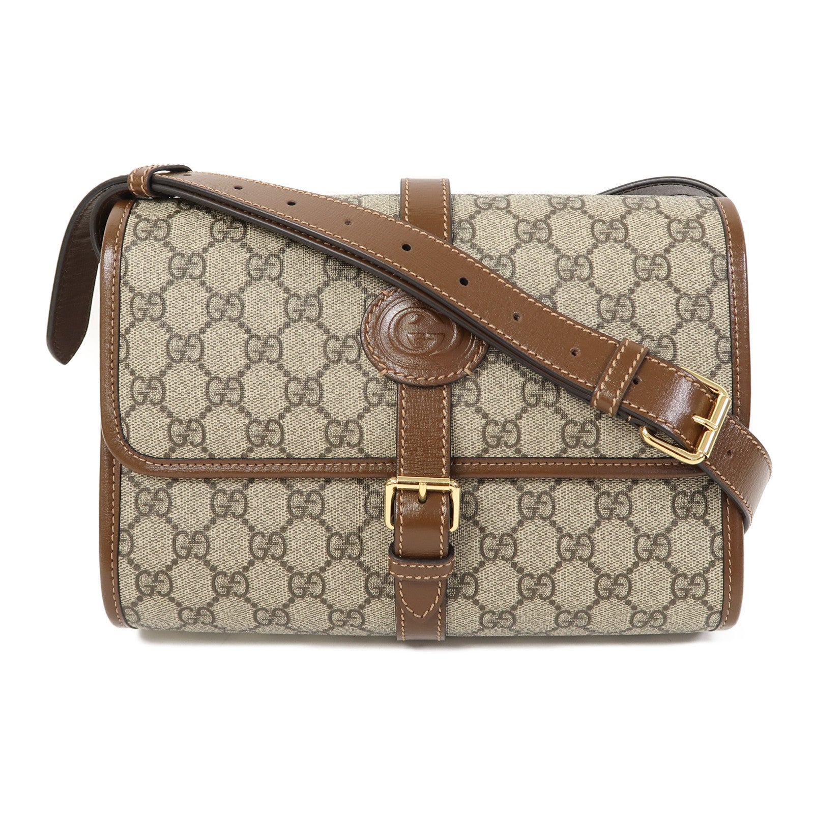 GUCCI 塗層帆布GG Supreme Interlocking金扣肩背袋啡色