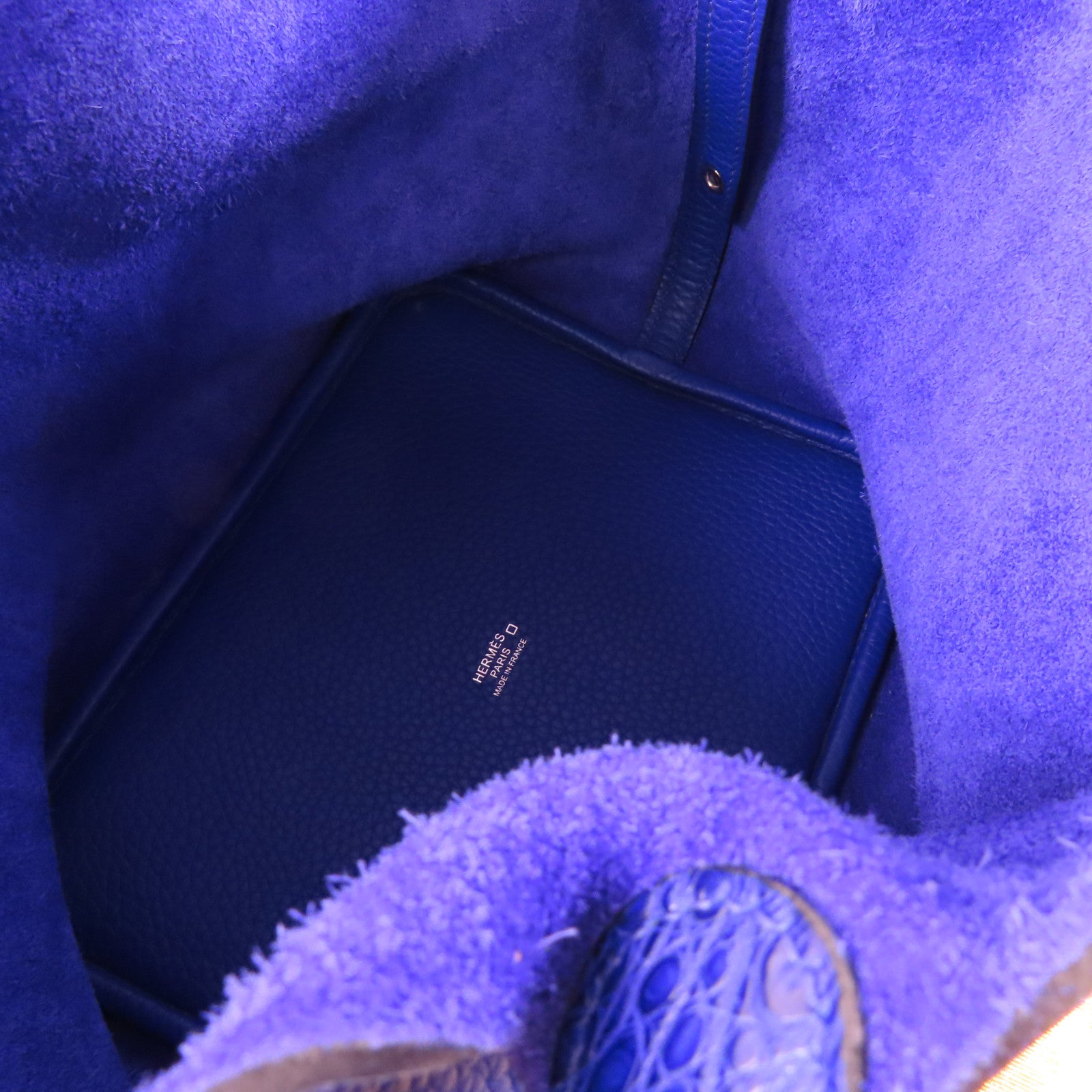 HERMES Clemence皮革/鱷魚皮革Picotin MM Touch銀扣手挽袋7T Bleu Electrique