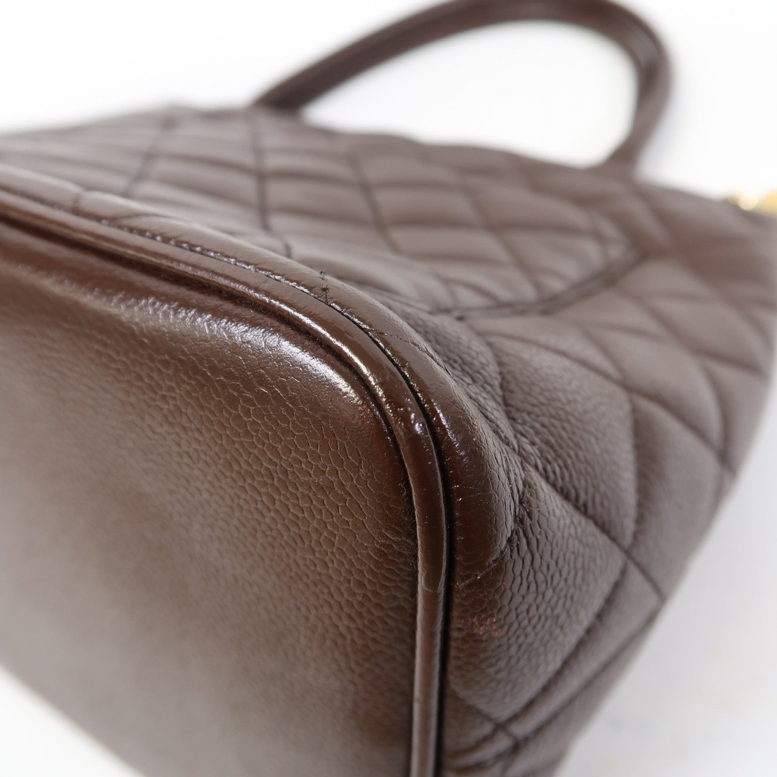 CHANEL 菱格牛皮皮革Vintage Handbag金扣手挽袋啡色