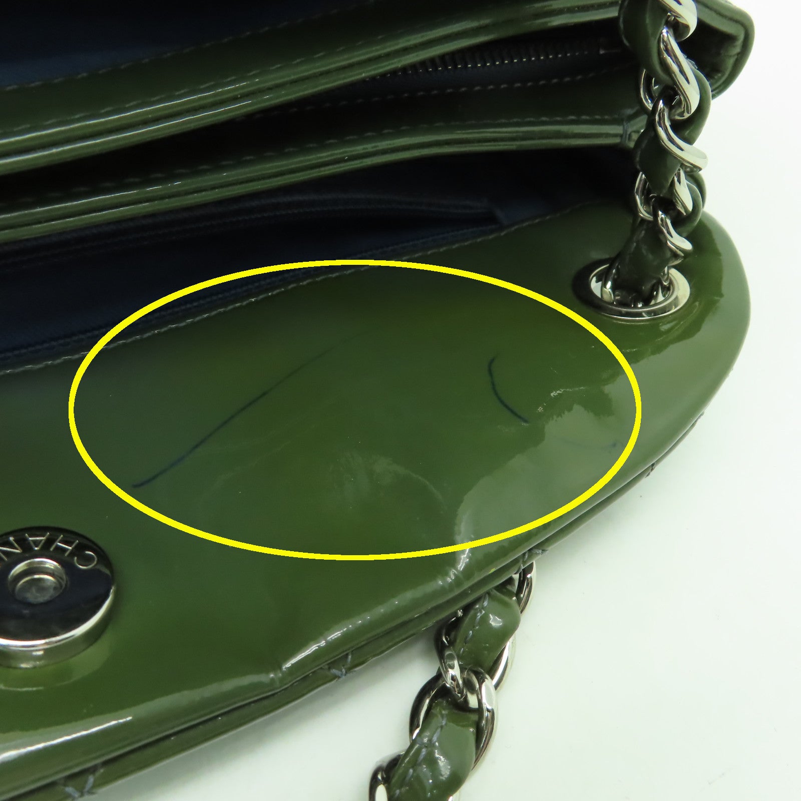 CHANEL 菱格漆皮皮革Chain Shoulder銀扣鏈帶肩背袋綠色