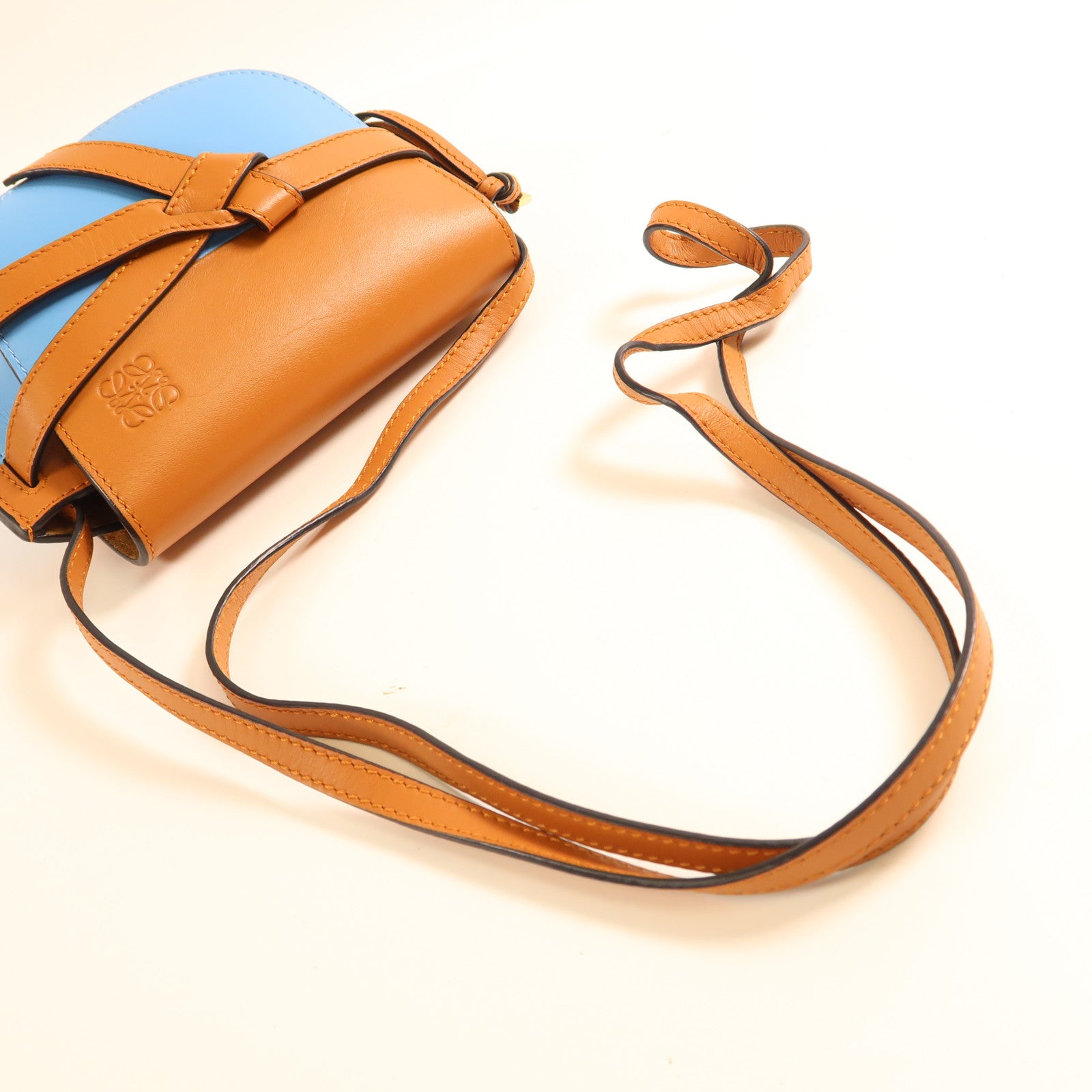 LOEWE GHW Mini Gate Crossbody Shoulder Bag Calfskin Leather Brown/Light Blue