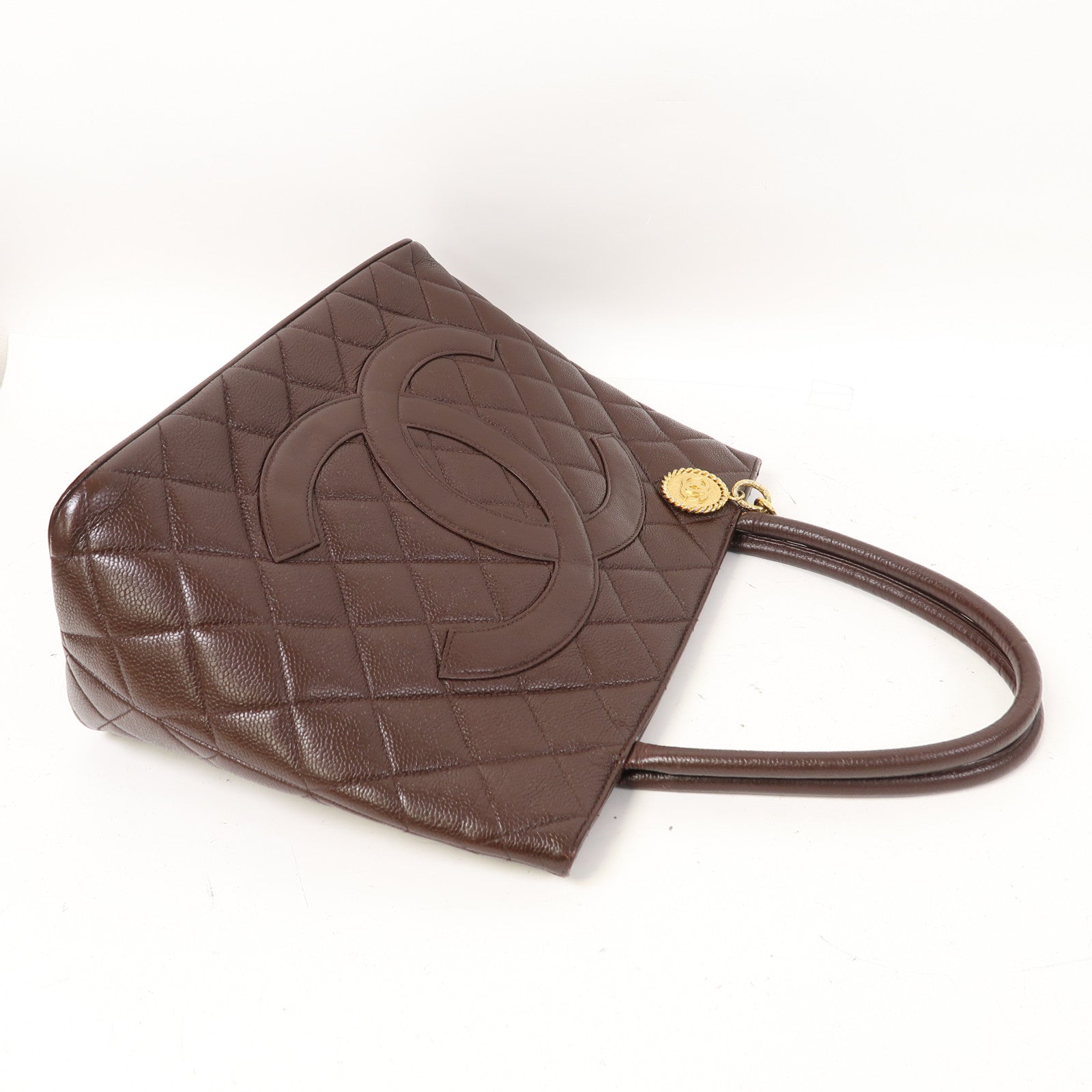 CHANEL 菱格牛皮皮革Vintage Handbag金扣手挽袋啡色