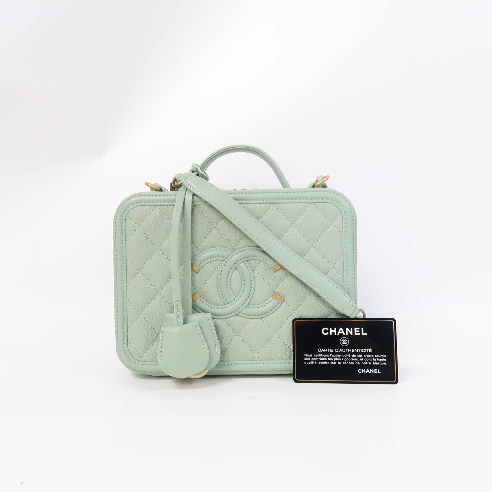CHANEL 【激減優惠】菱格Caviar皮革Vanity Case金扣手挽鏈帶肩背兩用袋綠色